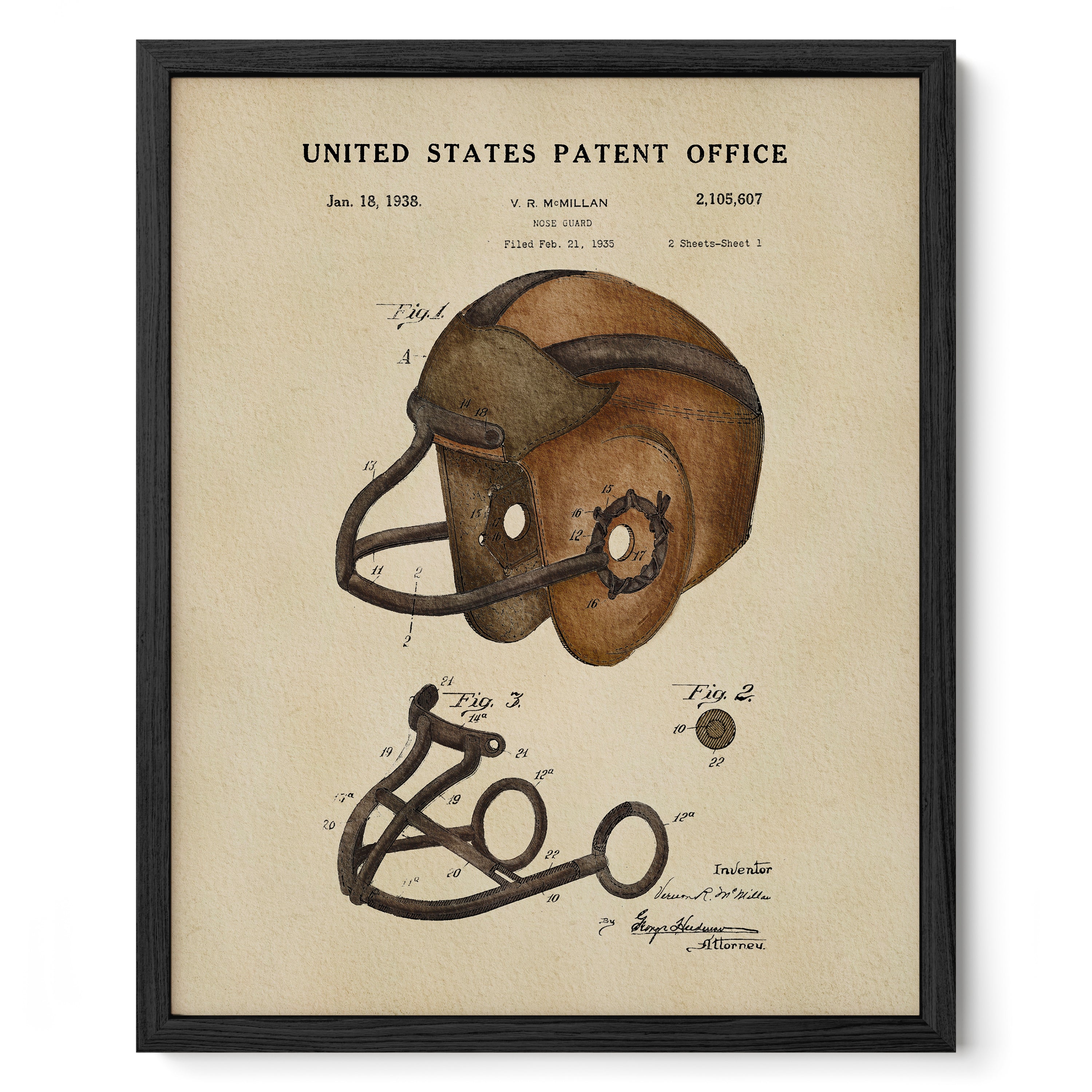 The image is a framed print depicting a vintage football helmet with a face shield, along with a detailed technical drawing and patent filing information.