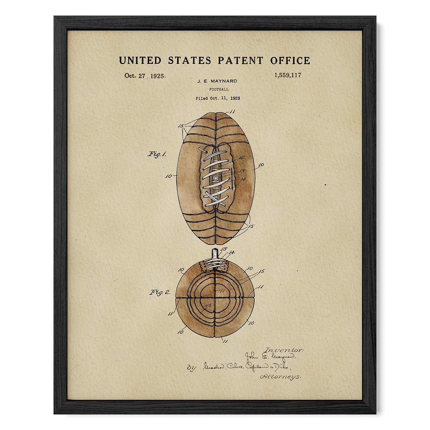 The image is a framed patent drawing of a football, depicting the ball and its laces.