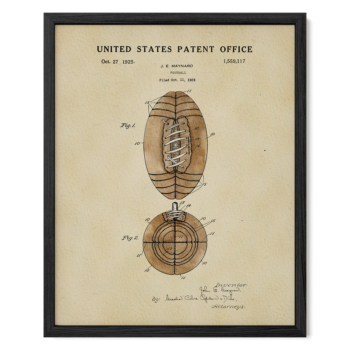 The image is a framed patent drawing of a football, depicting the ball and its laces.