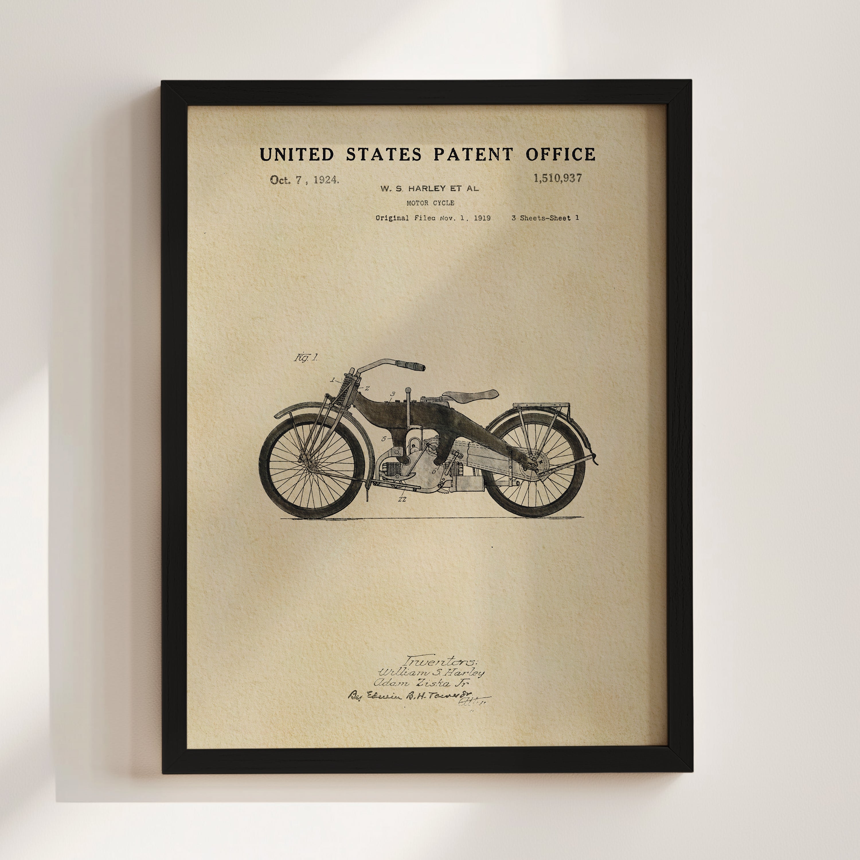 The image is a framed patent drawing of a motorcycle from the United States Patent Office, dated October 7, 1924.
