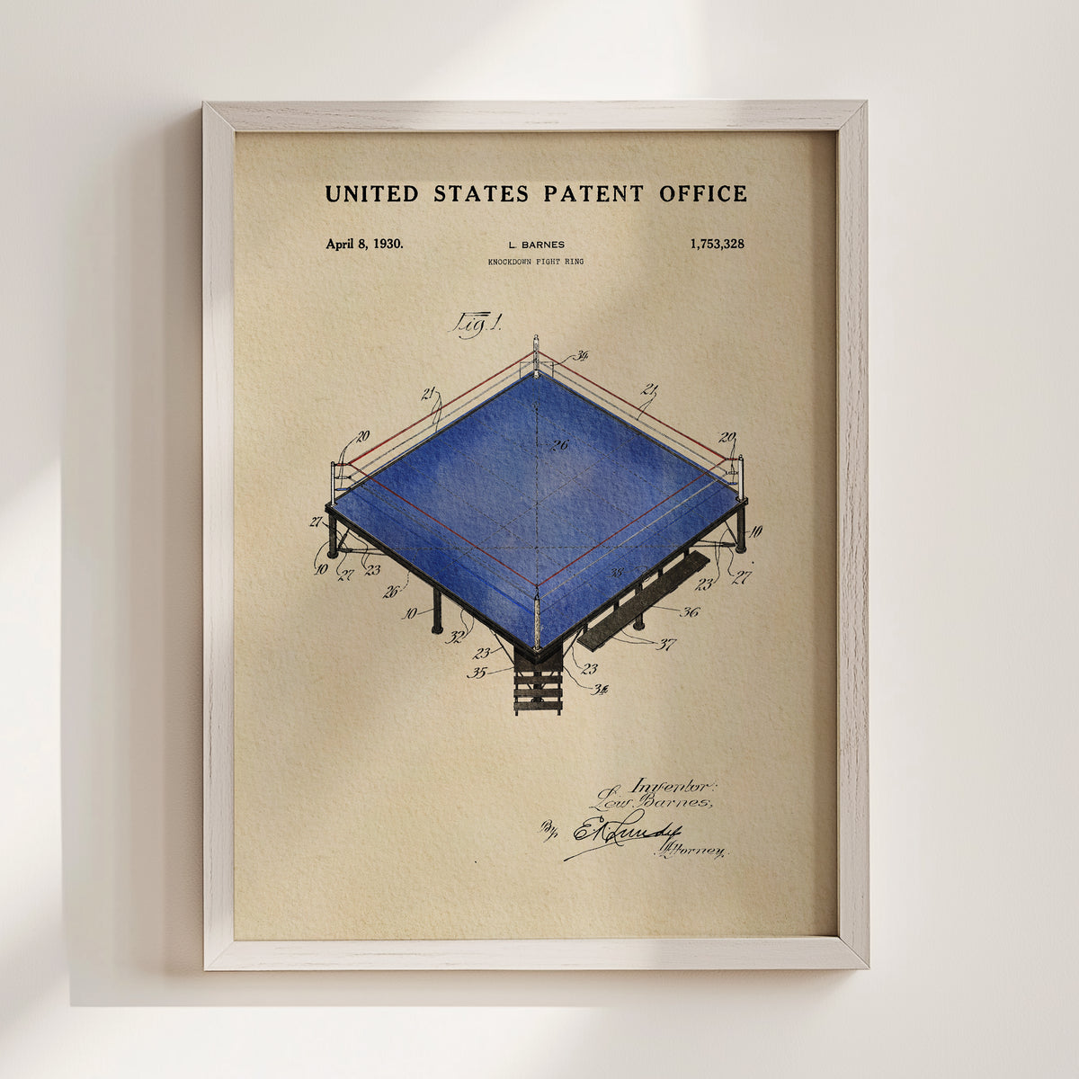 The image is a framed patent drawing depicting a blue structure with various technical drawings and annotations.