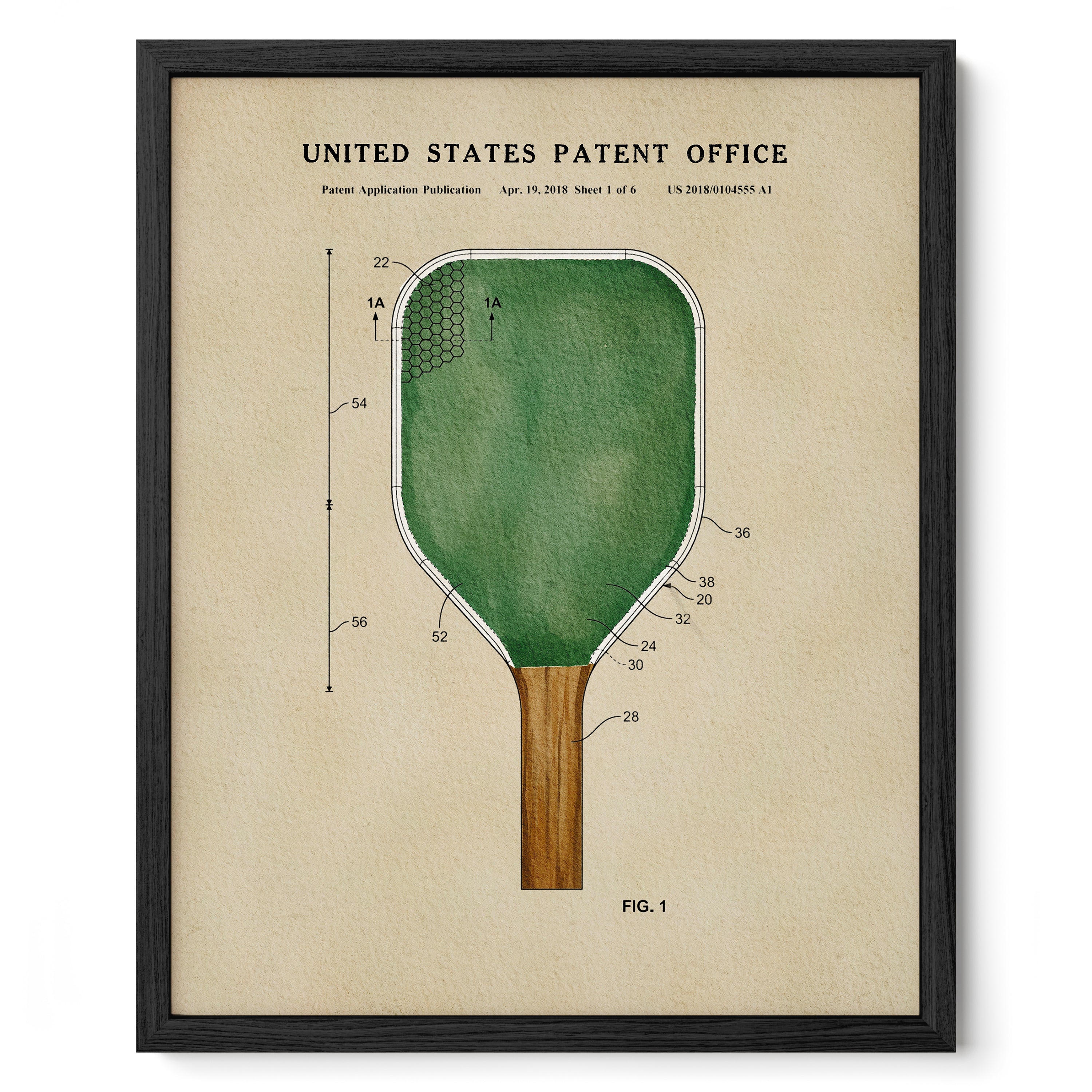 The image is a framed print depicting a paddleboard with a green paddle and a hexagonal pattern on the paddle.