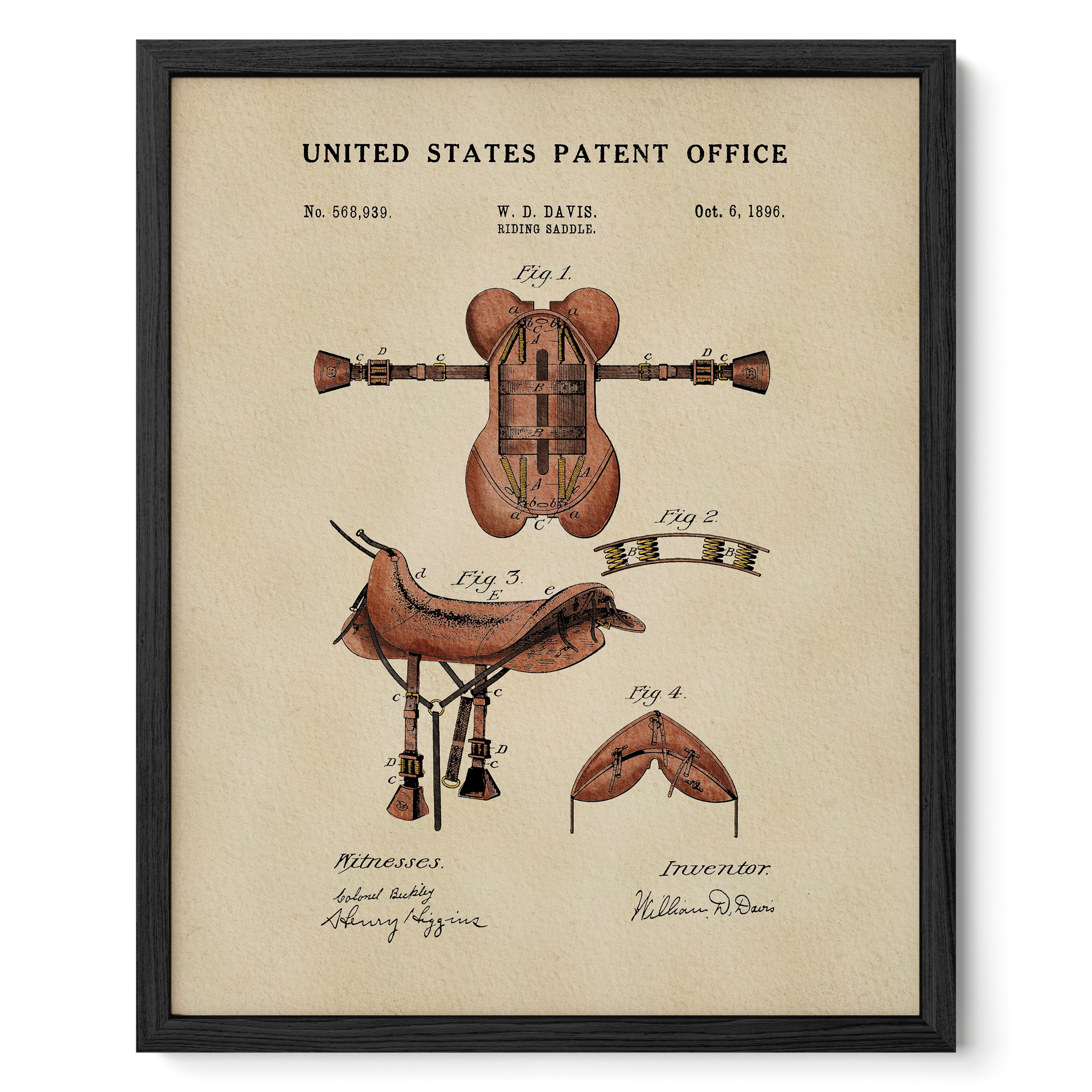 The image is a framed vintage patent drawing depicting a leather saddle, with accompanying technical drawings and inventors' names.
