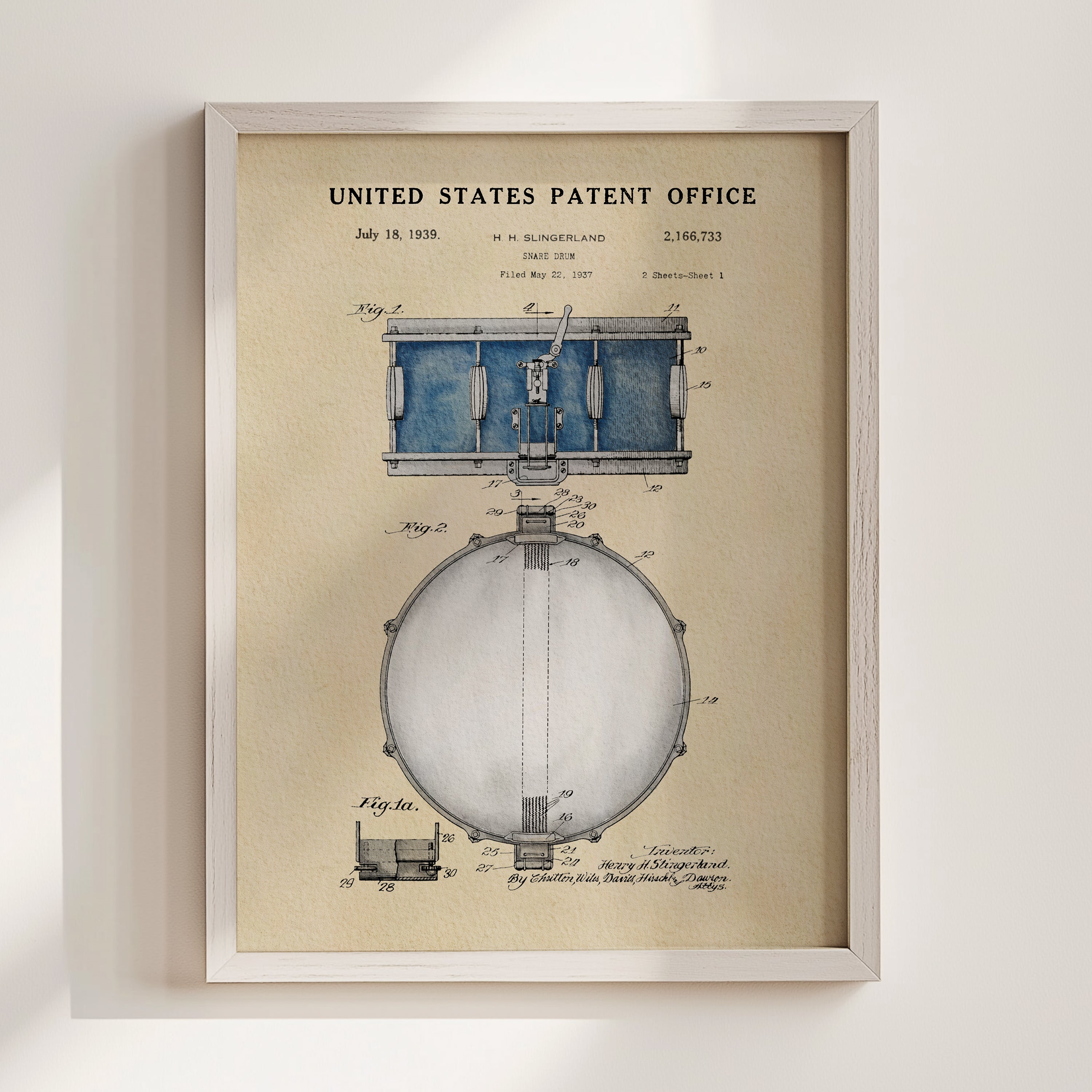 The image is a framed patent drawing depicting a drum set, with detailed technical drawings and labels.