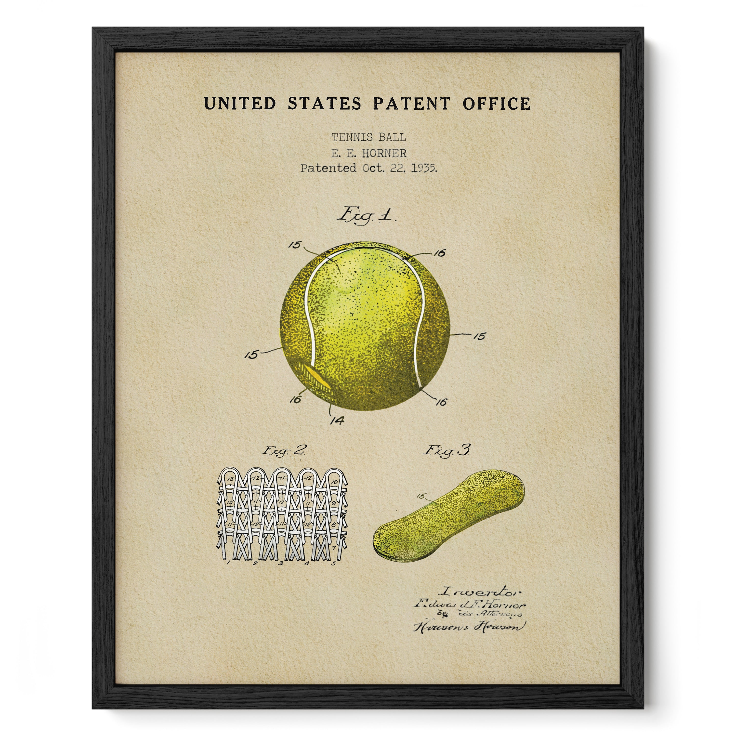 The image is a framed print featuring a tennis ball and a tennis racket, along with a diagram and text related to the patent office.