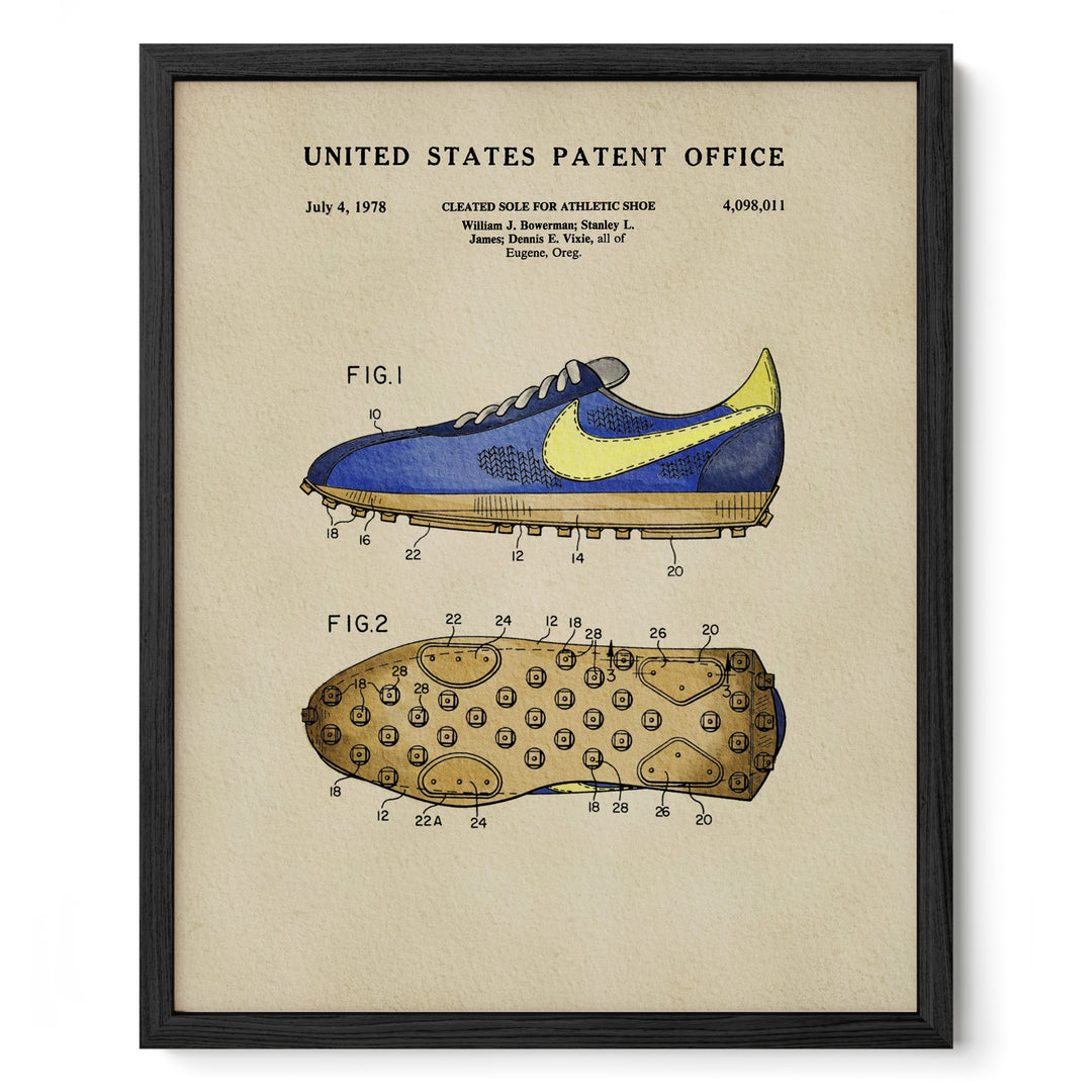 The image is a framed patent drawing of a blue and yellow sneaker, depicting the design and features of the shoe.