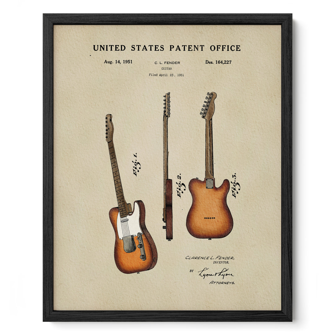 The image is a framed print of a patent filing from the United States Patent Office, depicting a guitar design from August 14, 1951.