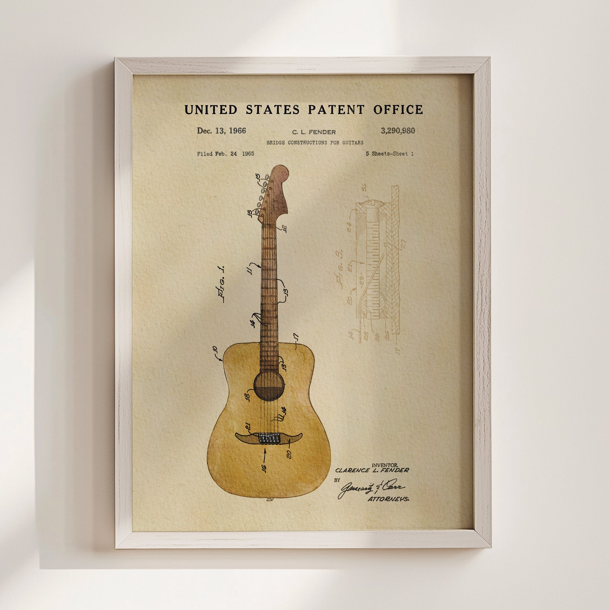 The image is a framed vintage patent drawing of a guitar, depicting the design and construction of the guitar.