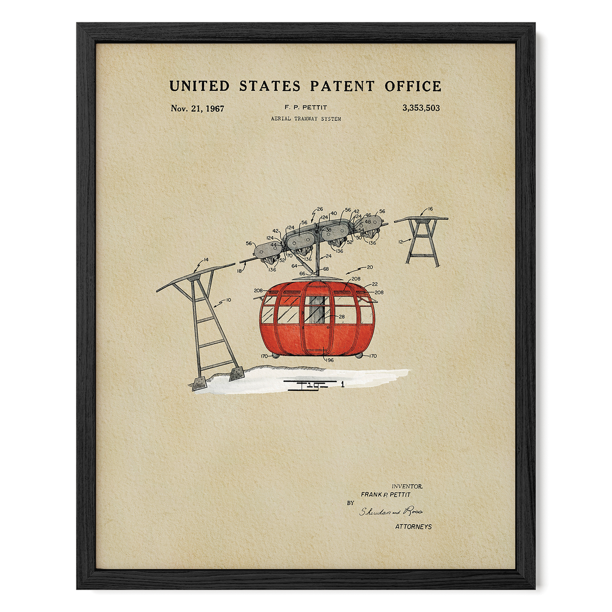 The image is a framed patent drawing depicting a red cable car or gondola, along with various technical drawings and specifications.