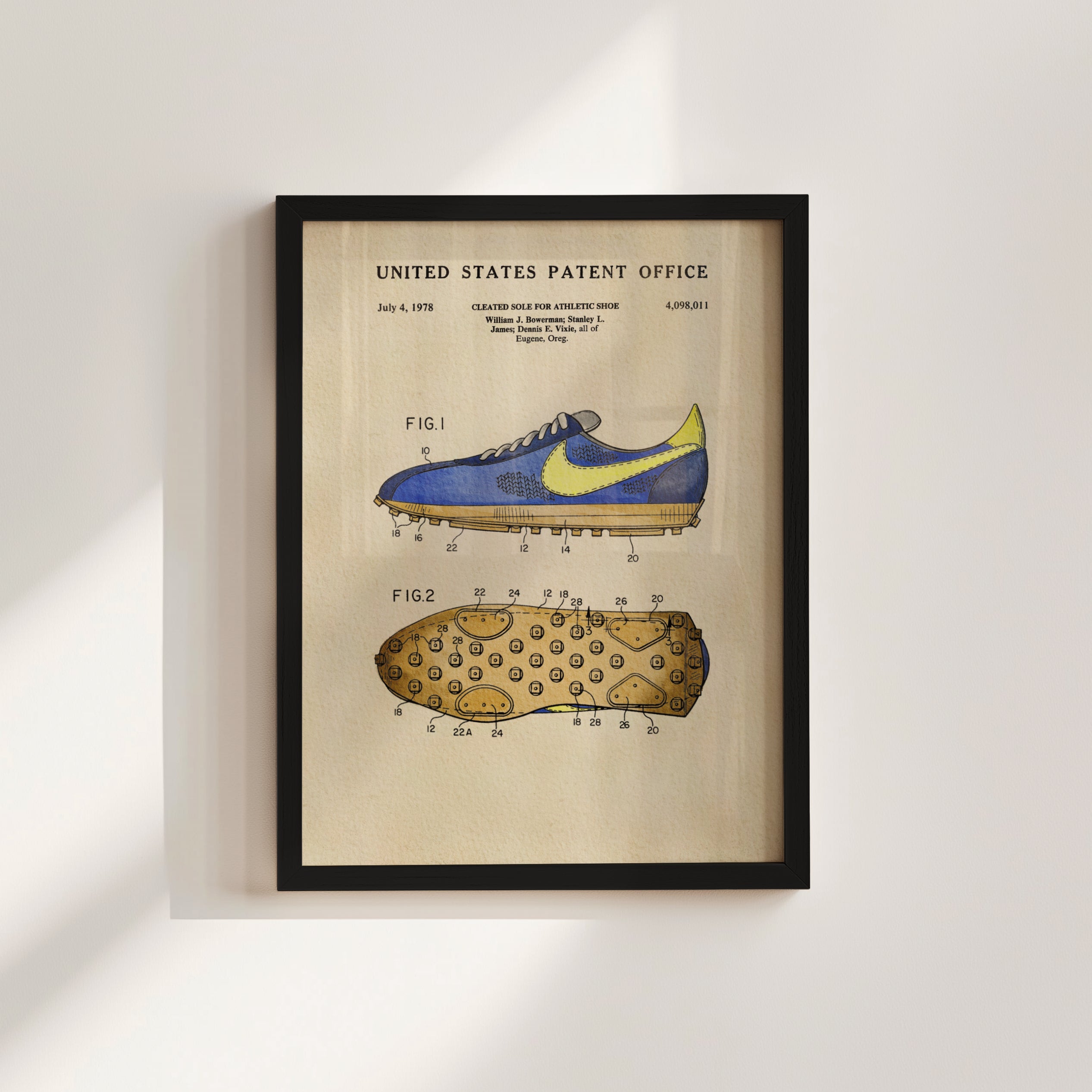 The image is a framed patent drawing of a sneaker, depicting the design and features of the shoe.