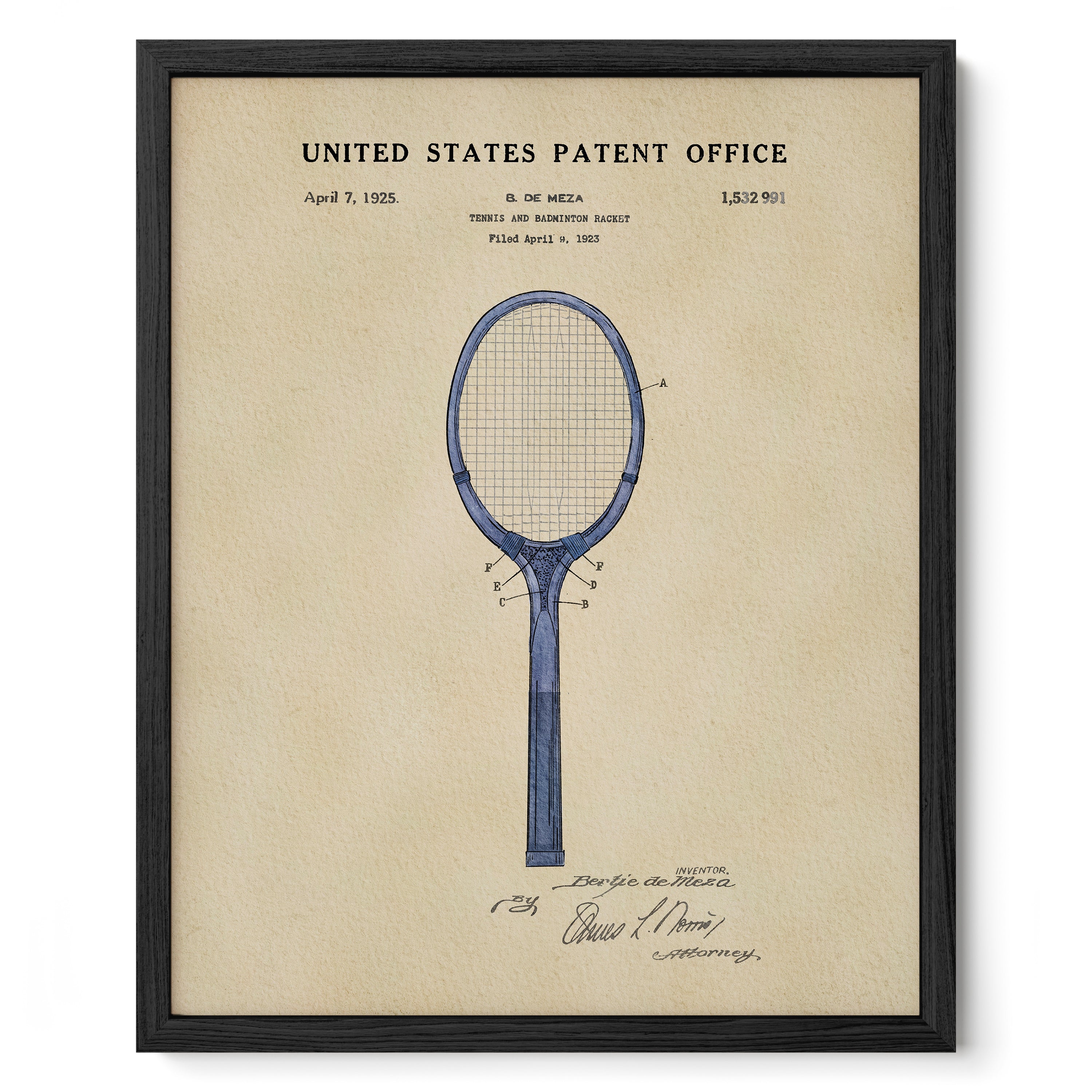 The image is a framed print of a patent application for a tennis racket, dated April 7, 1925.