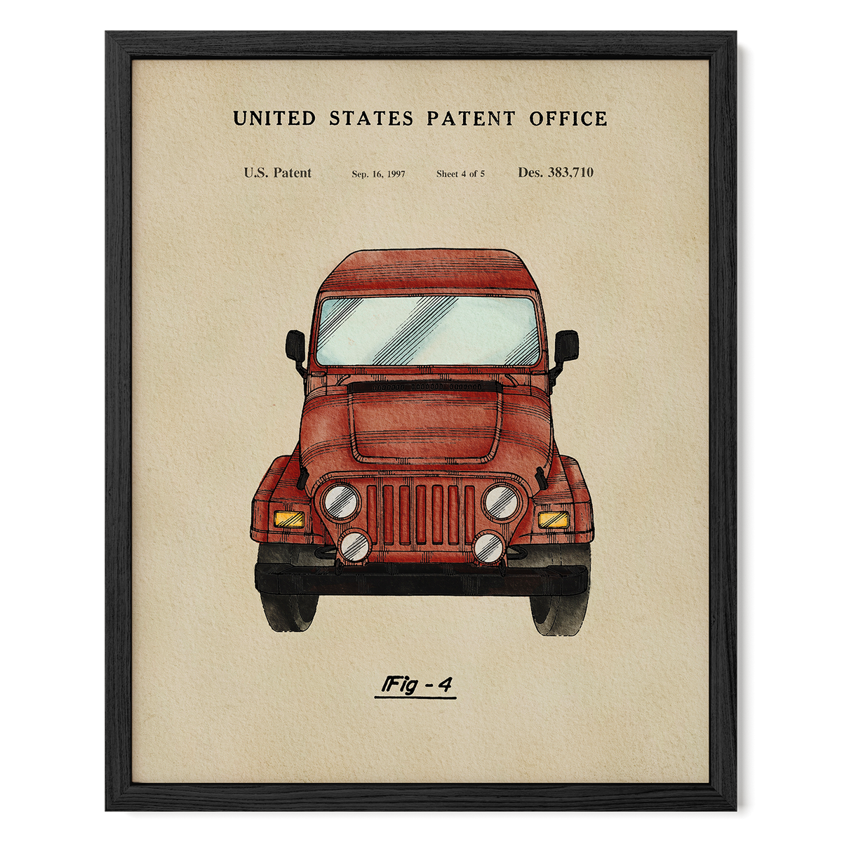 The image is a framed print depicting a red jeep, with the United States Patent Office and a patent filing date visible.