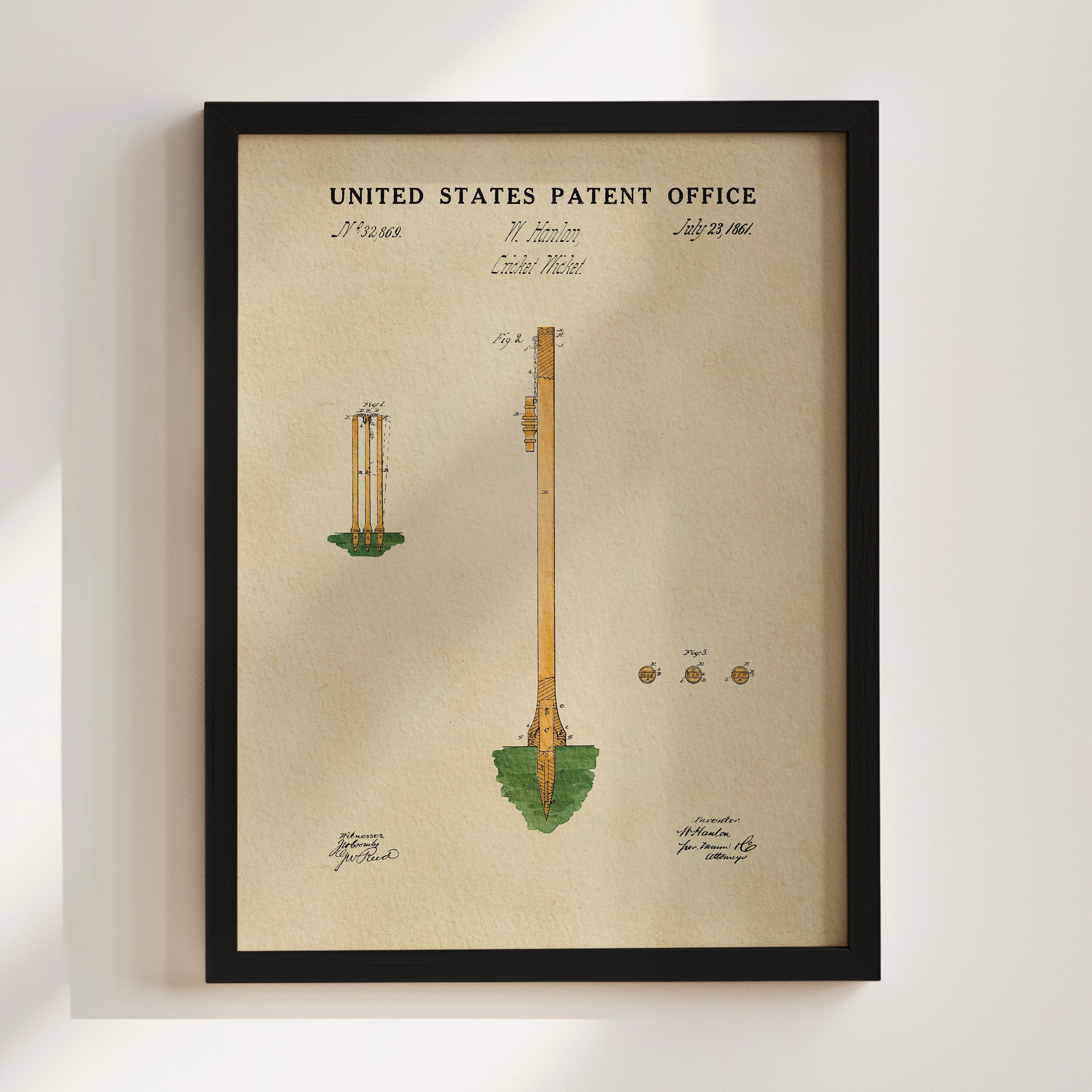 The image is a framed print of a United States patent office patent from the year 1885, featuring an illustration of a tall, slender structure with a pointed top and a green base.