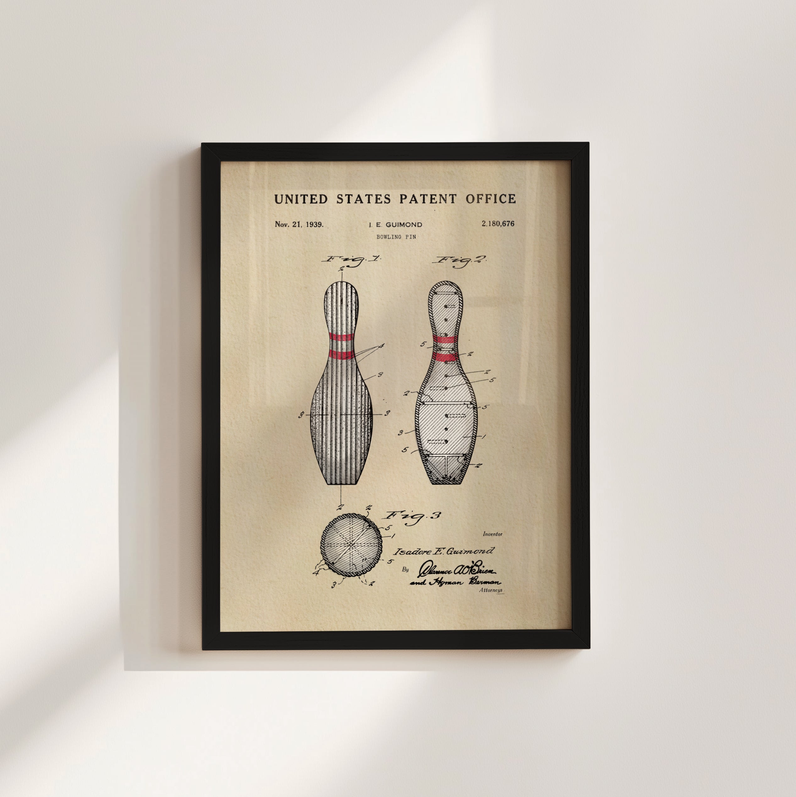 The image is a framed patent drawing of a bowling pin, depicting the design and features of the pin in a vintage style.
