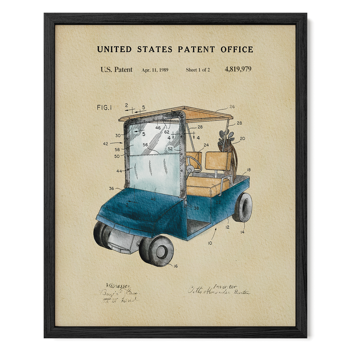The image is a framed patent drawing of a golf cart, depicting its design and features.