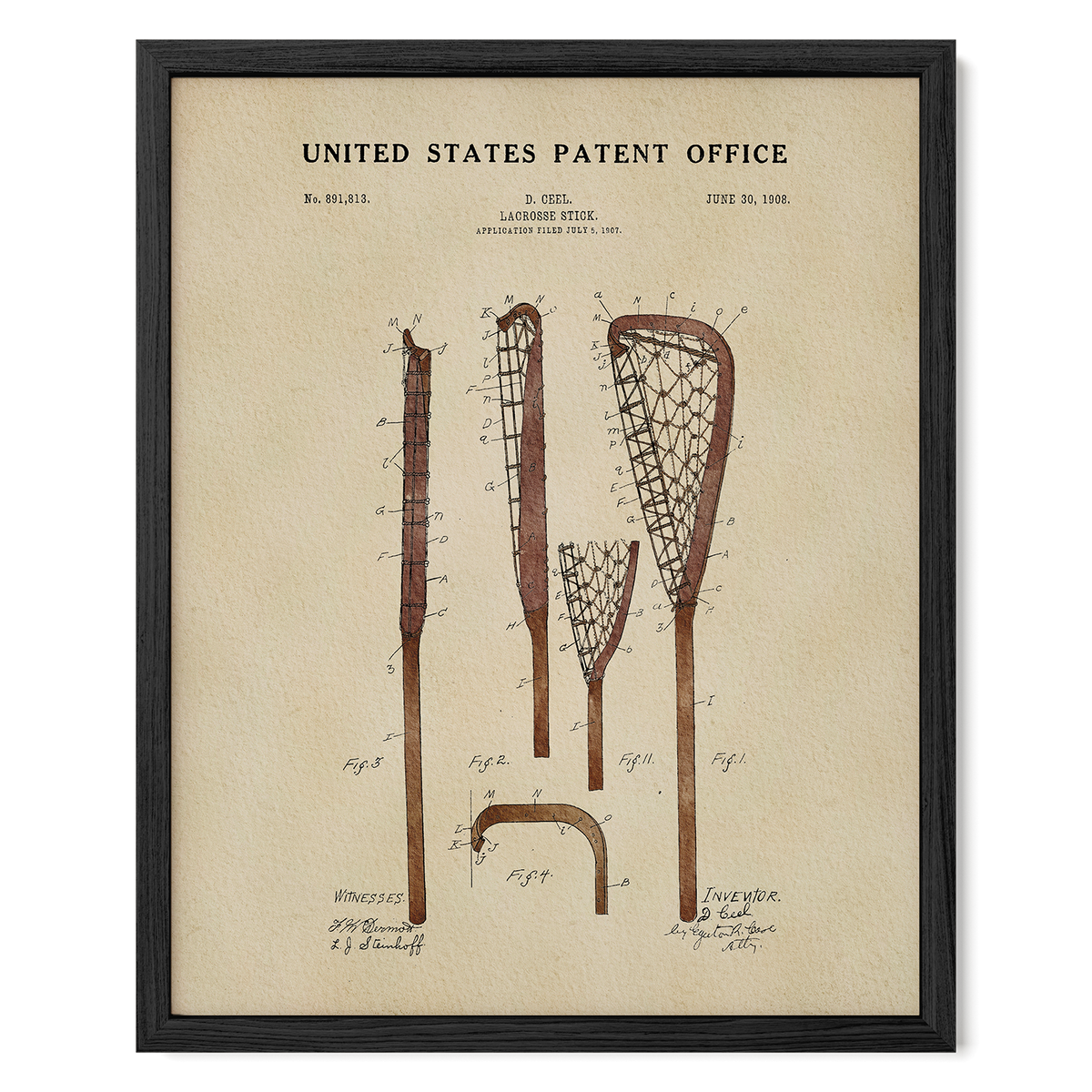 The image is a framed print of a United States patent office patent from June 30, 1908, depicting a lacrosse stick with various technical drawings and annotations.