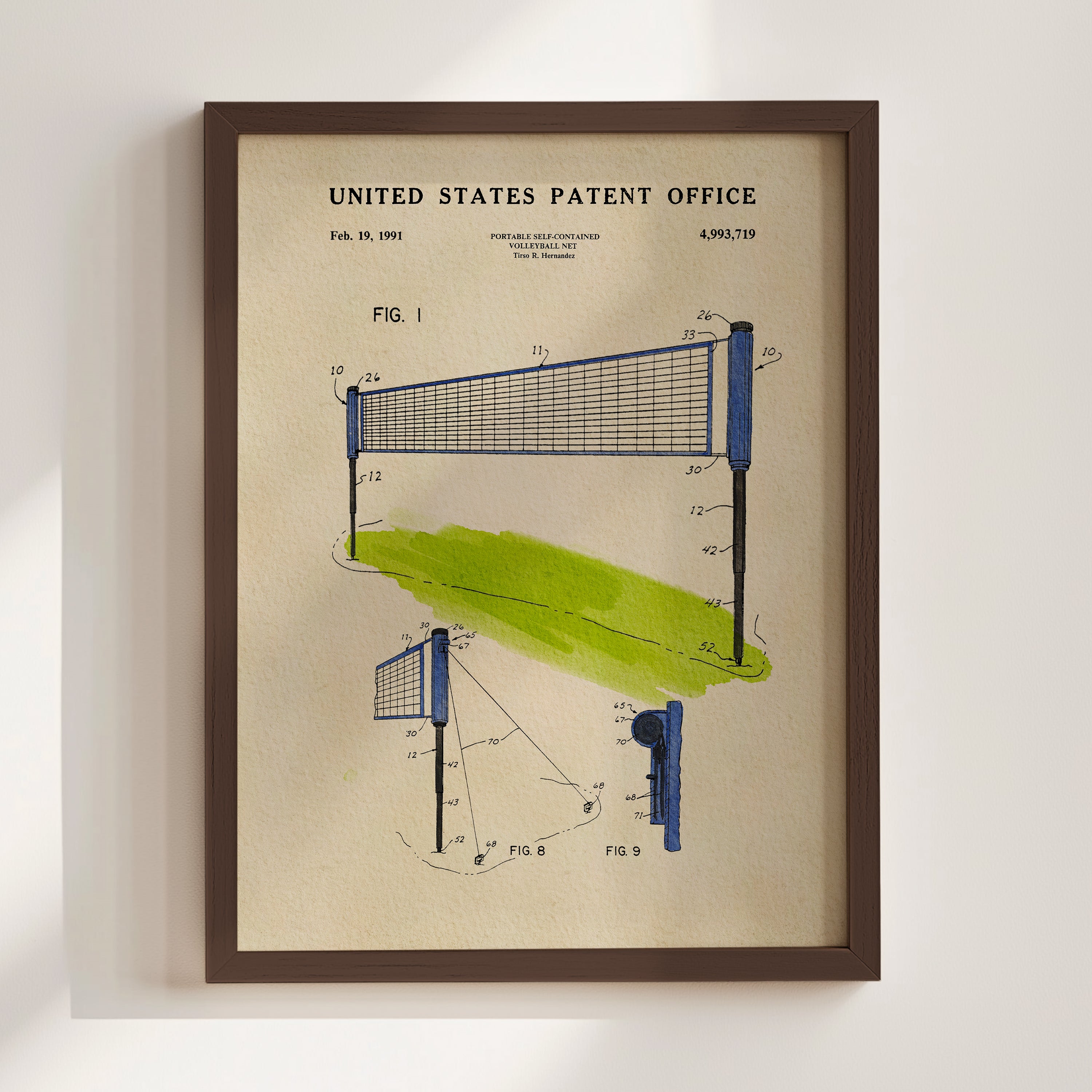 The image is a framed patent drawing of a volleyball net, depicting the net's design and features.