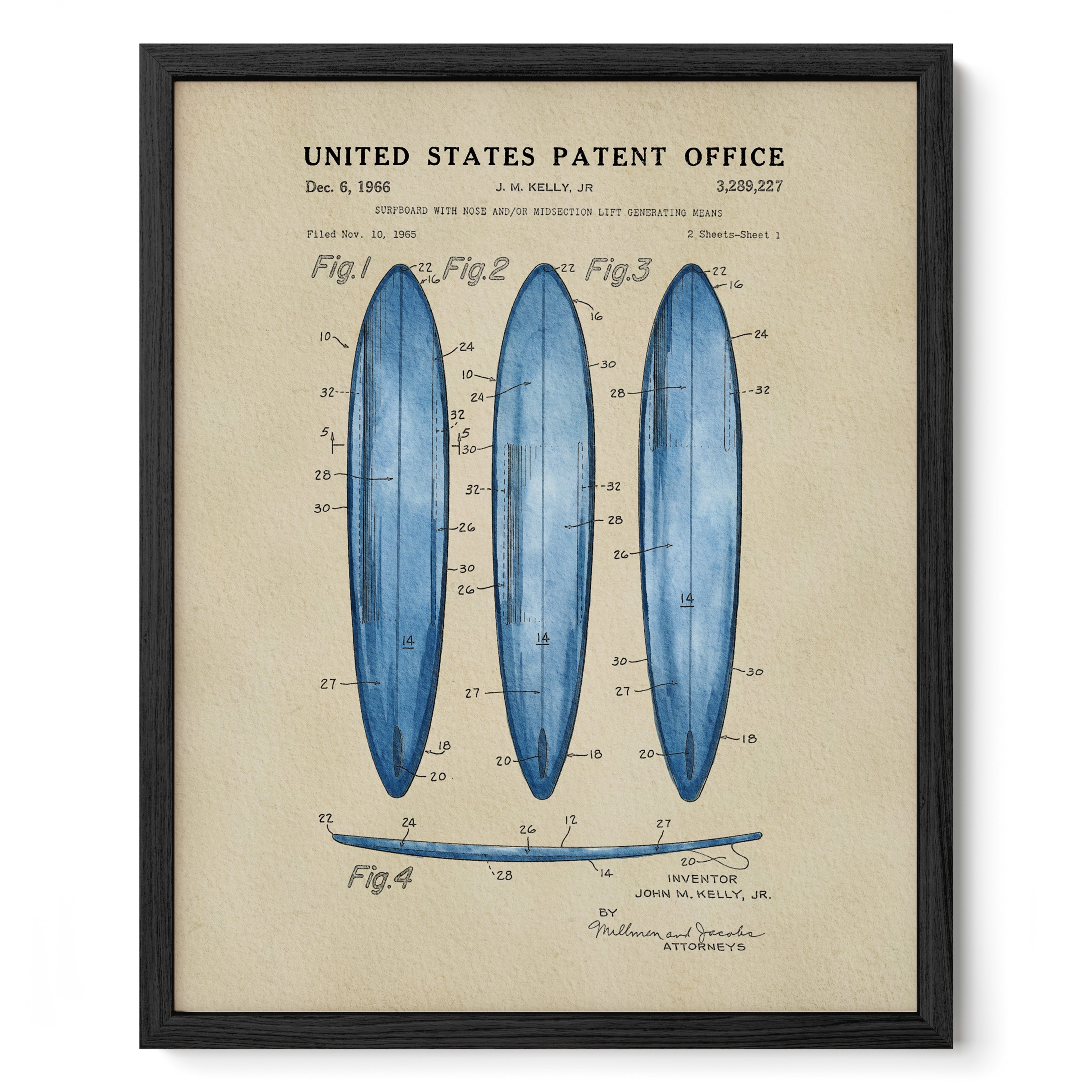 The image is a framed print featuring a patent application for a surfboard design, dated December 6, 1966.