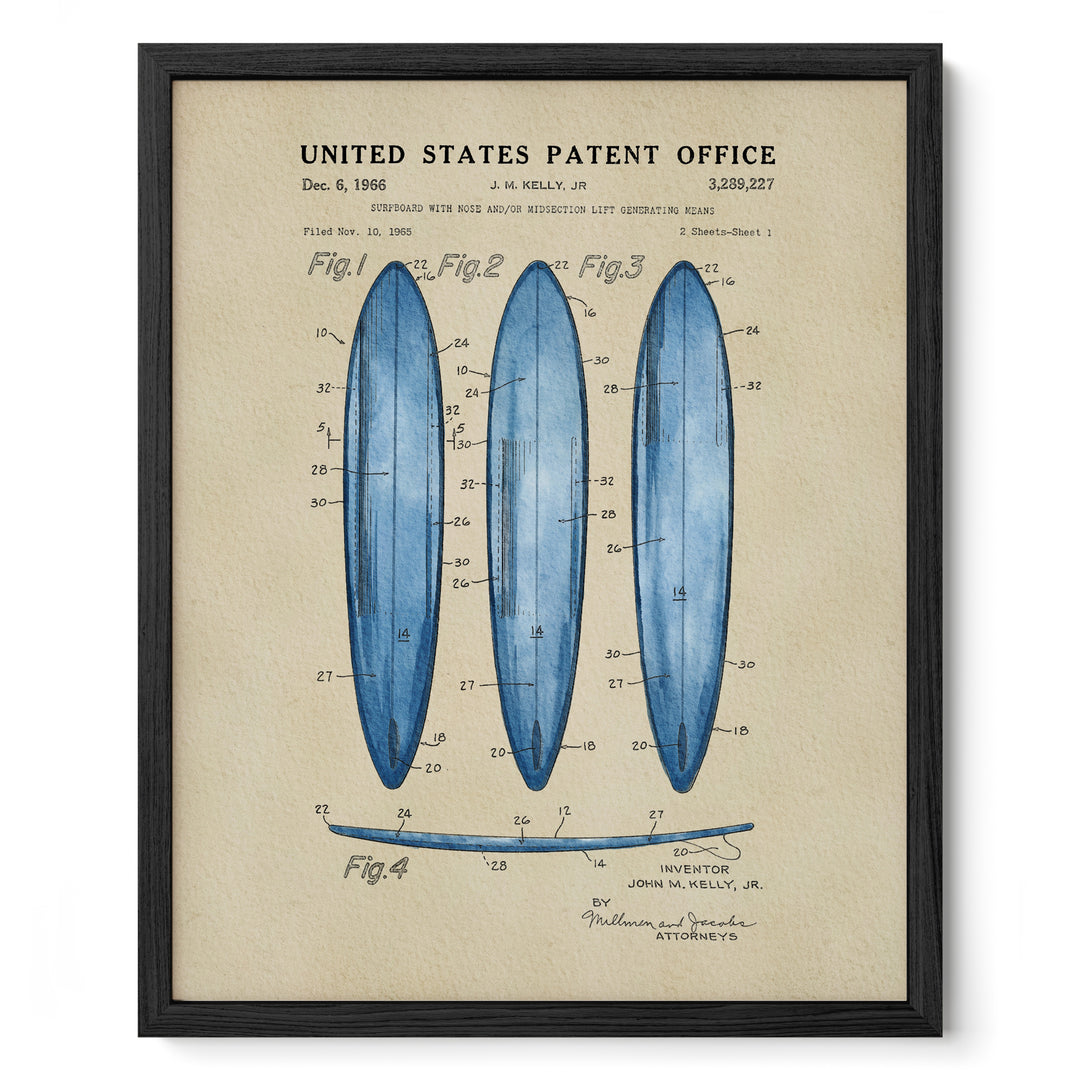 The image is a framed print featuring a patent application for a surfboard design, dated December 6, 1966.