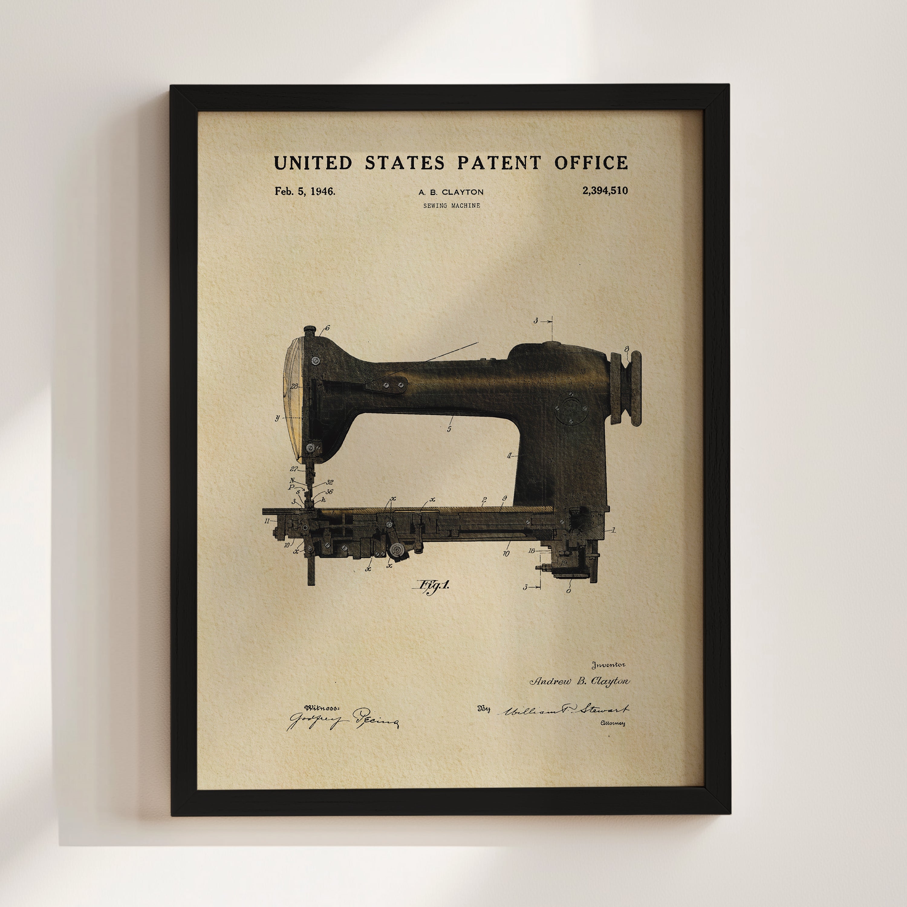 The image is a framed patent drawing of a sewing machine from the United States Patent Office, dated February 5, 1916.