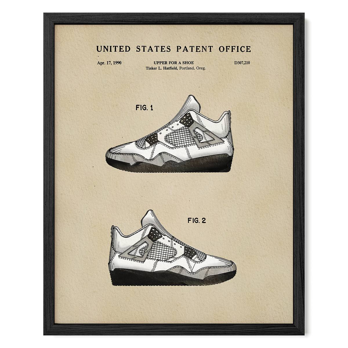 The image is a framed patent drawing of a shoe, depicting two different models of the same shoe design.