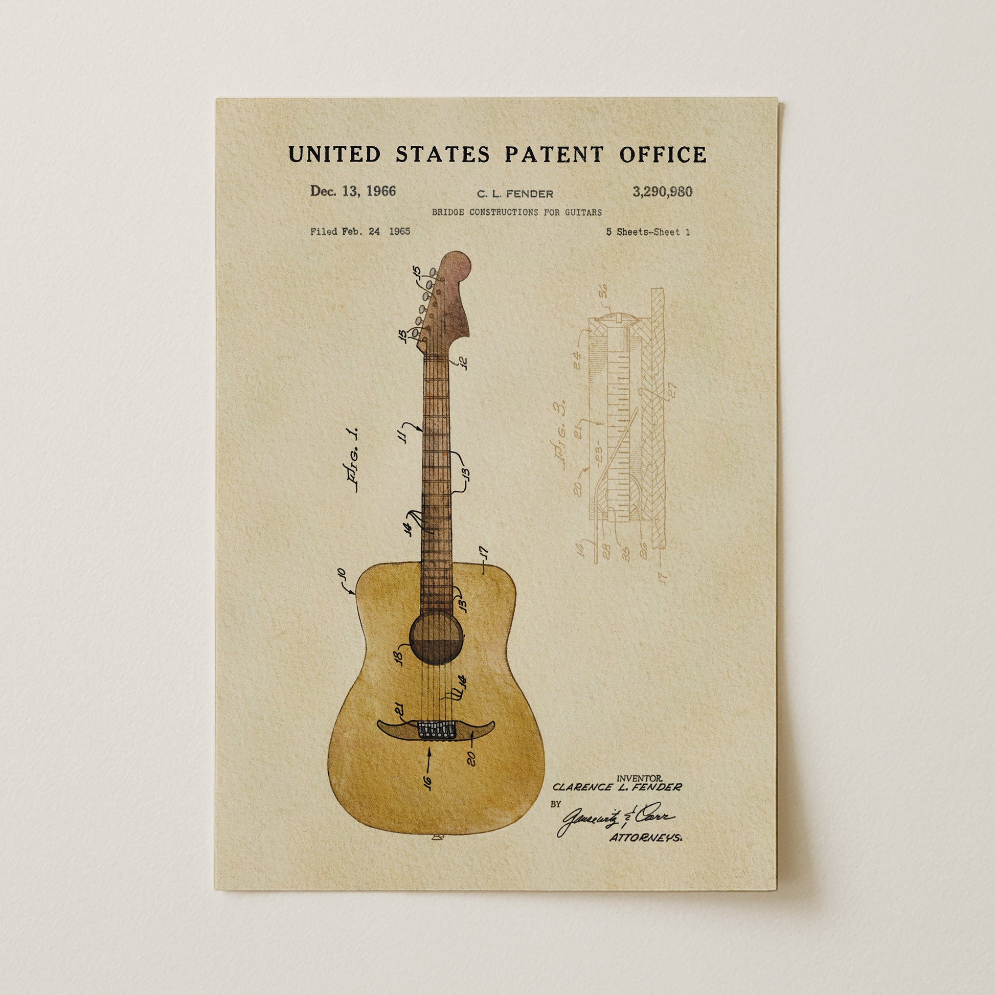 A vintage United States patent office document featuring a detailed drawing and technical specifications of a guitar, along with the inventors' names and the date of the patent.