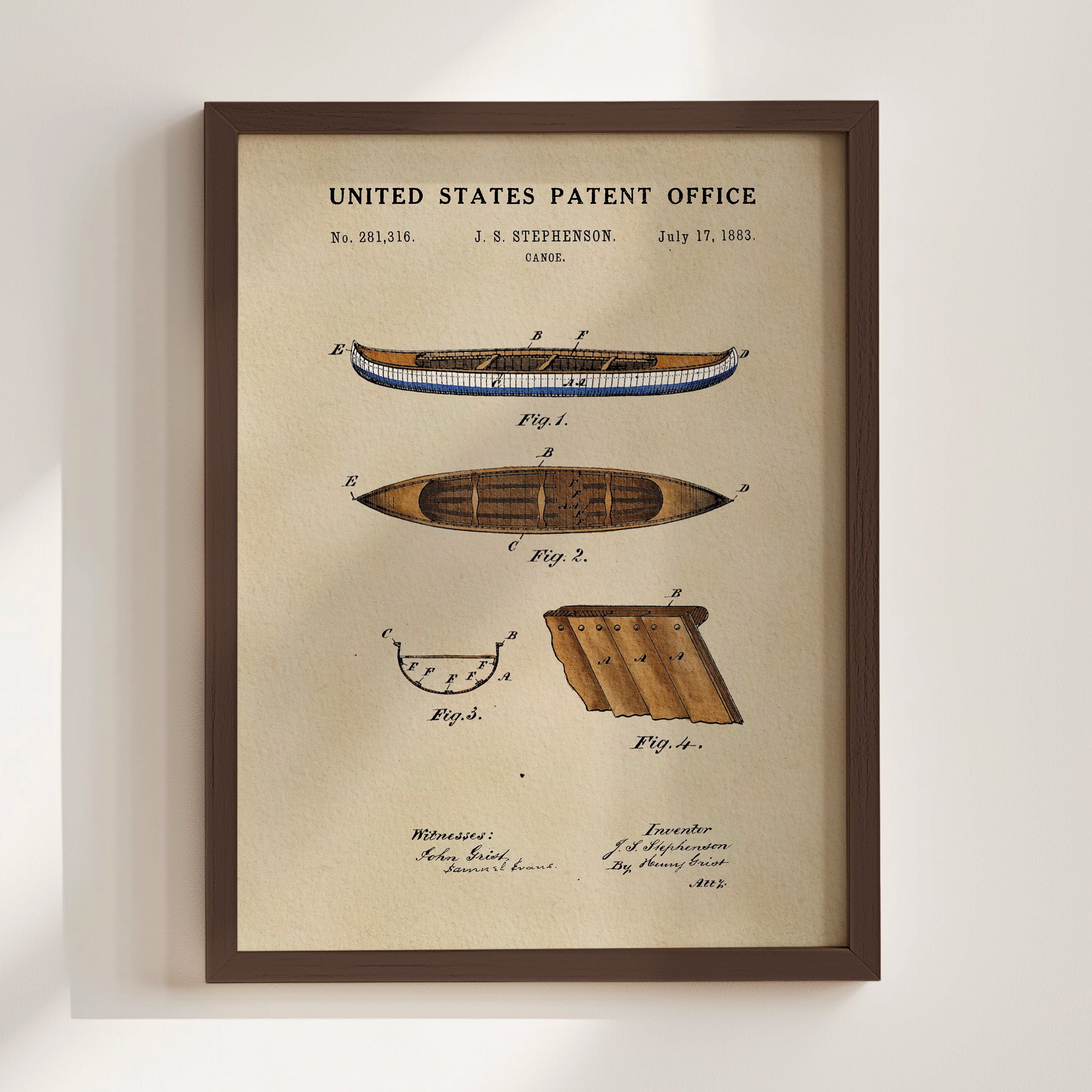 The image is a framed patent drawing depicting a boat, specifically a canoe, with accompanying technical drawings and annotations.