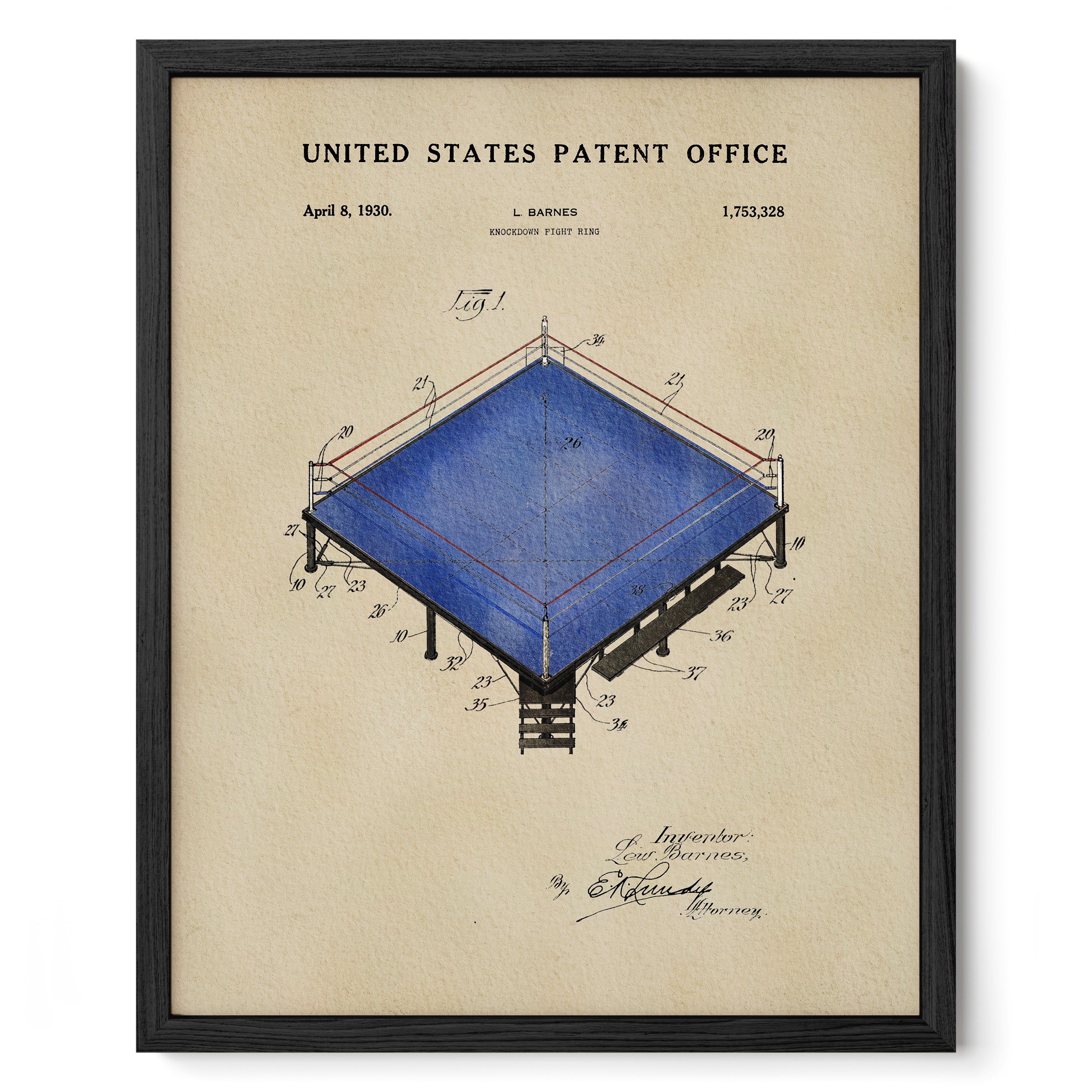 The image is a framed print of a United States patent office patent from 1930, depicting a blue wrestling ring with various technical drawings and annotations.