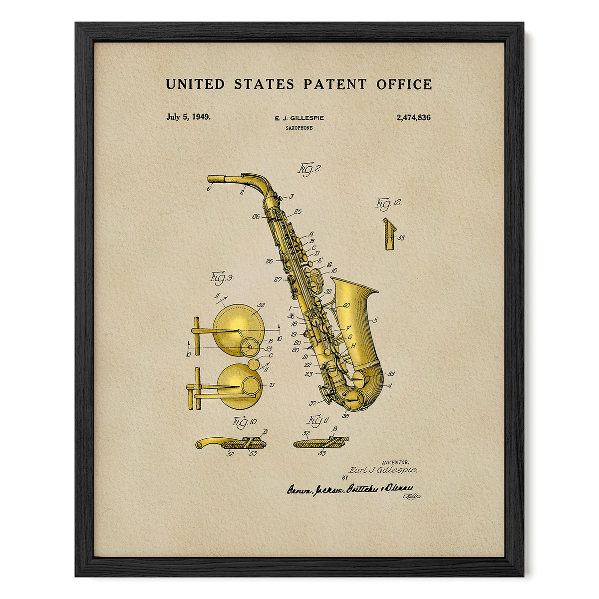 The image is a framed patent drawing of a saxophone, depicting its various components and parts in a detailed manner.