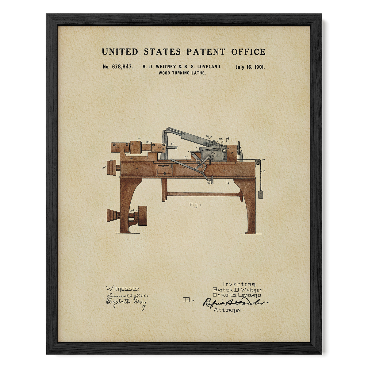 The image is a framed patent drawing from the United States Patent Office, depicting a wood turning lathe.
