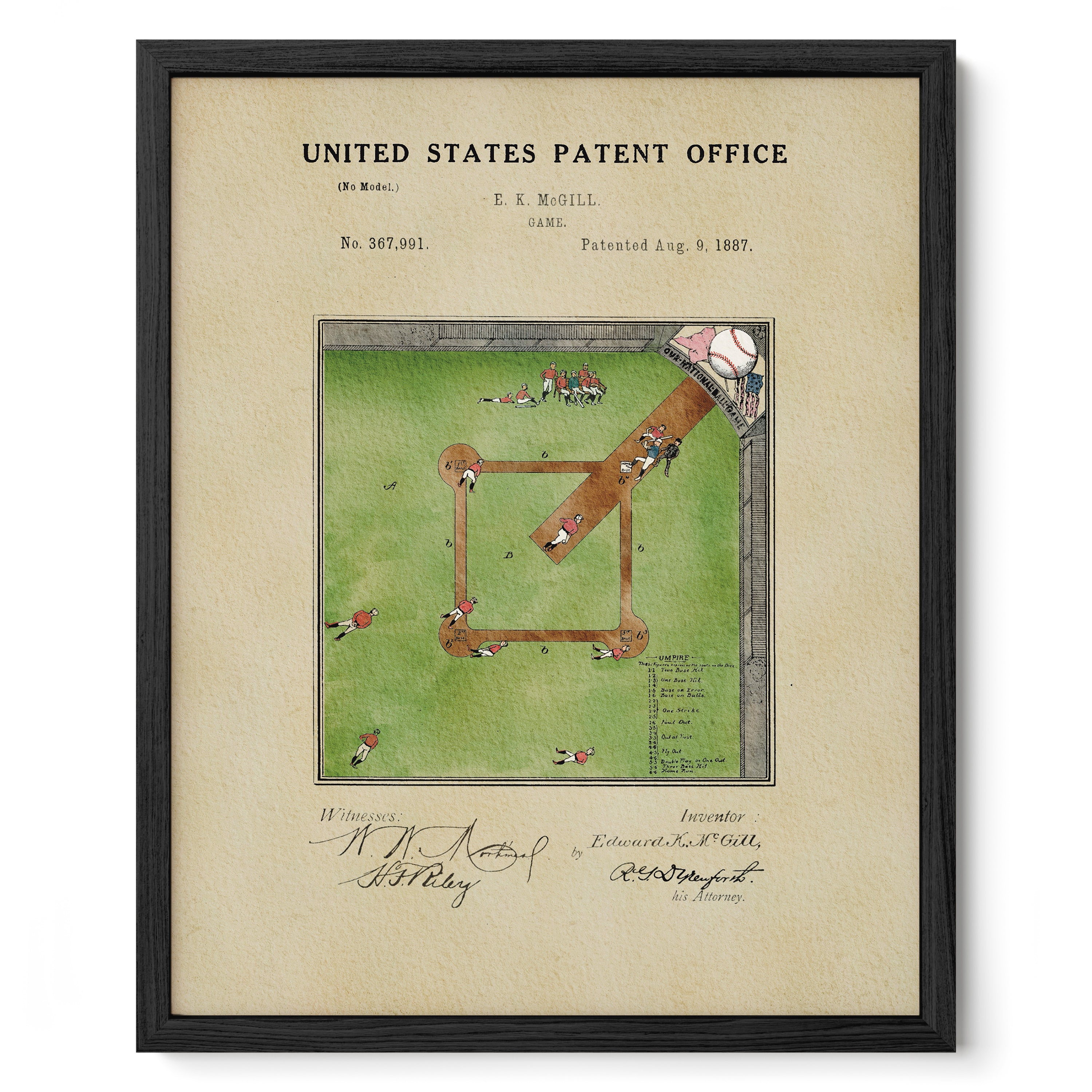 The image is a framed patent drawing depicting a baseball game, with a baseball bat and players on the field.