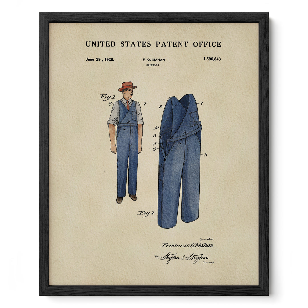 The image is a framed patent drawing depicting a man's outfit, including a hat and pants, with a title "United States Patent Office" and a date "June 29, 1926."