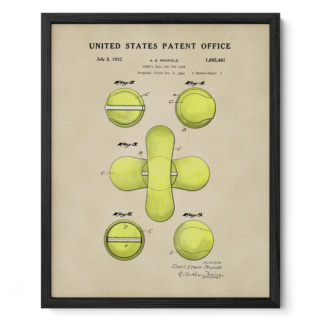 The image is a framed print depicting a tennis ball and racket patent from the United States Patent Office.