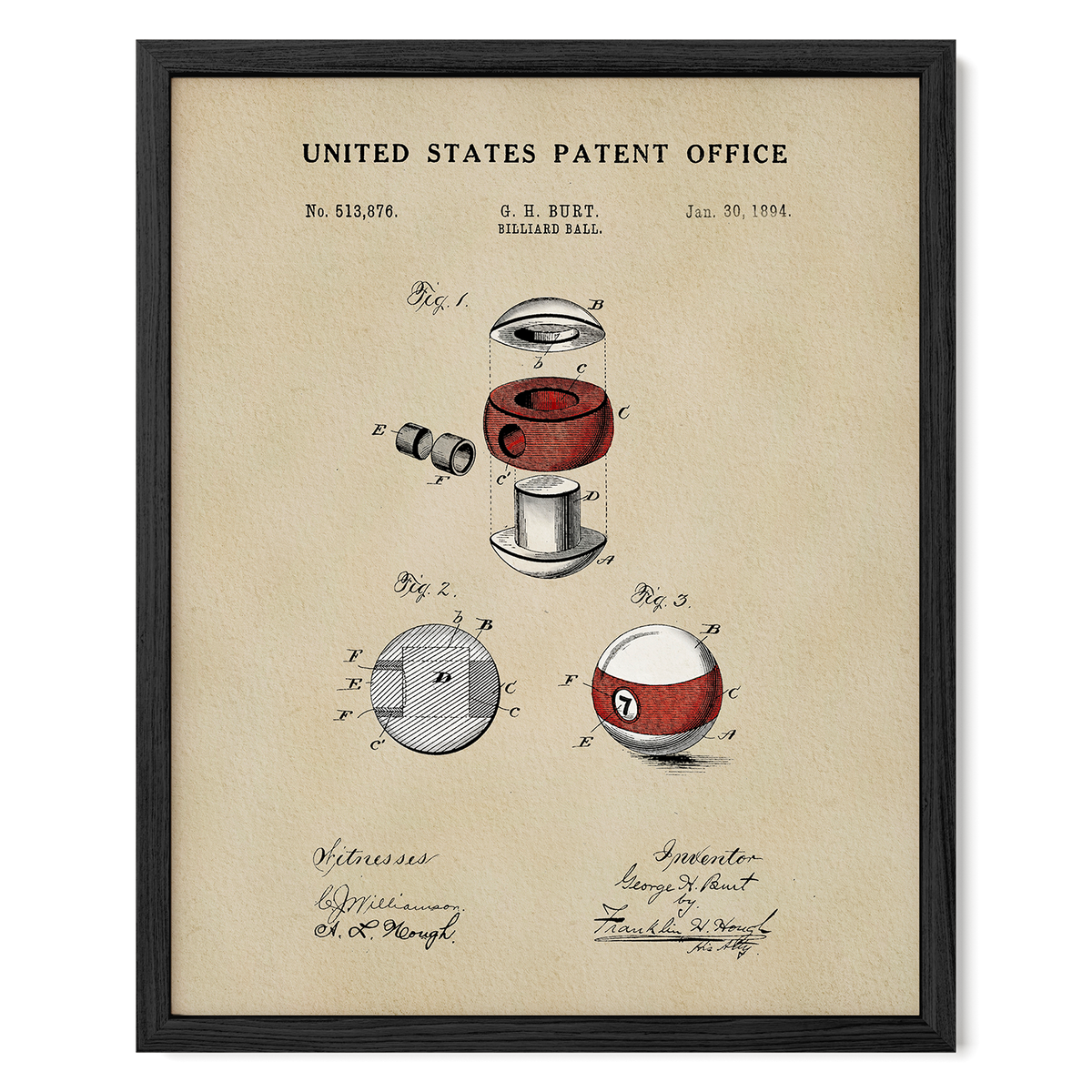 The image is a framed patent drawing from the United States Patent Office, depicting a red and white pool ball and a pool cue.