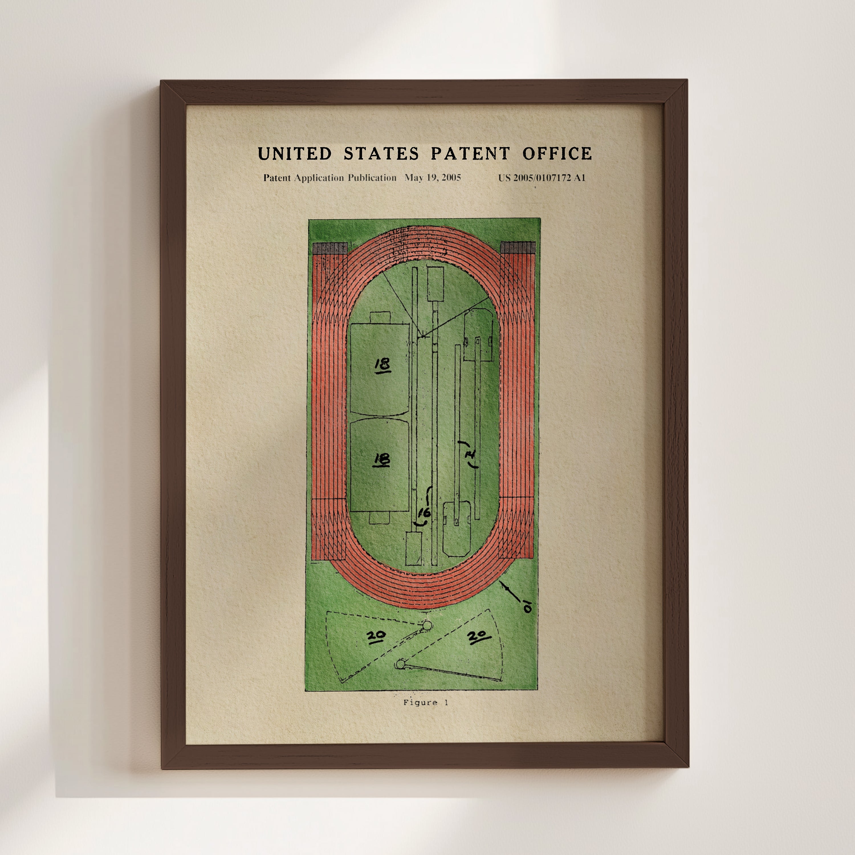 The image is a framed print of a United States patent application published on May 19, 2005, with a detailed drawing of a running track.