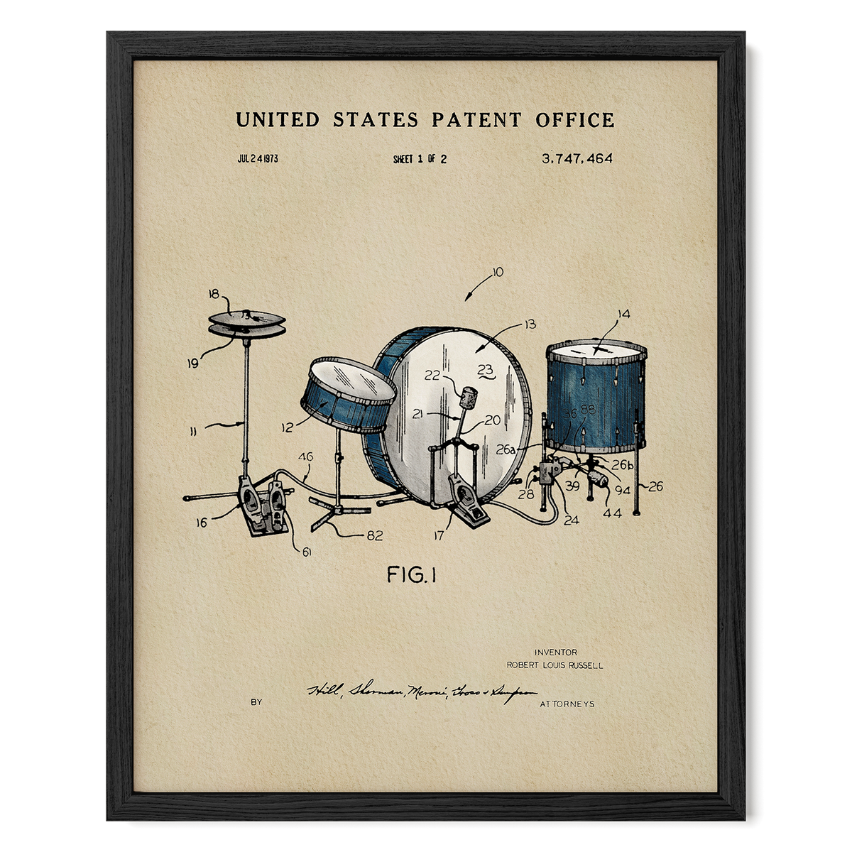 The image is a framed patent drawing depicting a drum set, with various technical drawings and labels.