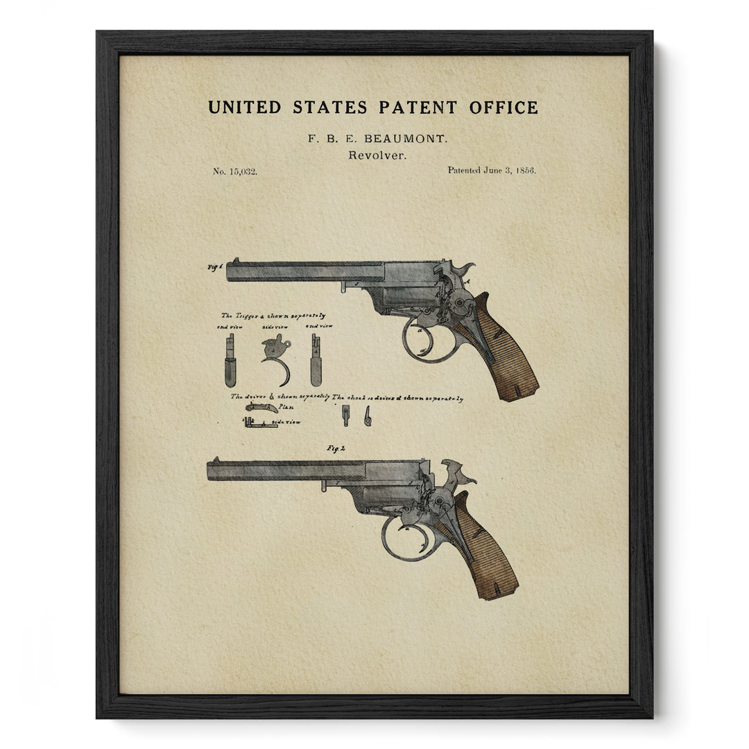The image is a framed patent drawing of a Revolver from the United States Patent Office, depicting the design and features of the Revolver.