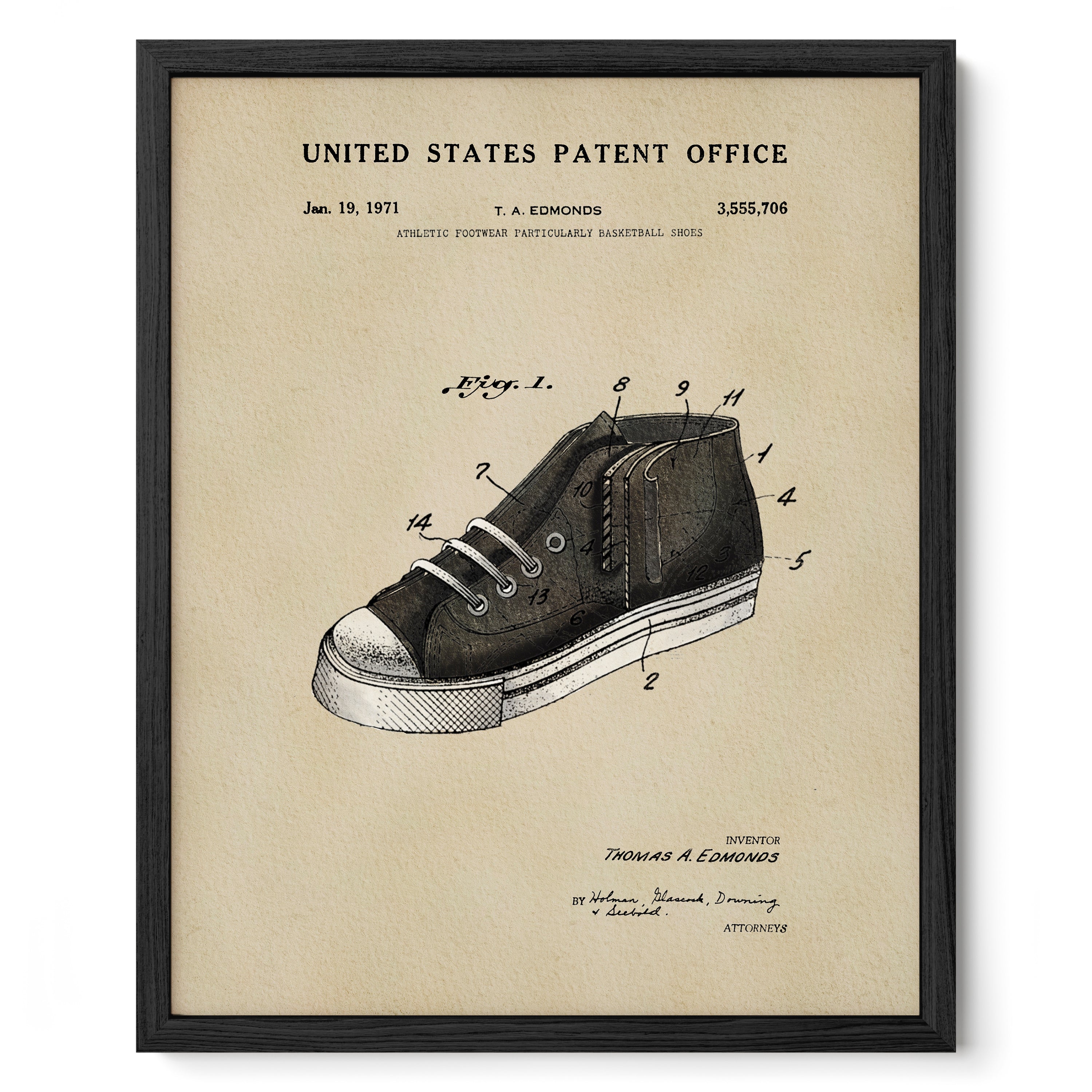 The image is a framed patent drawing of a shoe, depicting the design and features of athletic footwear.