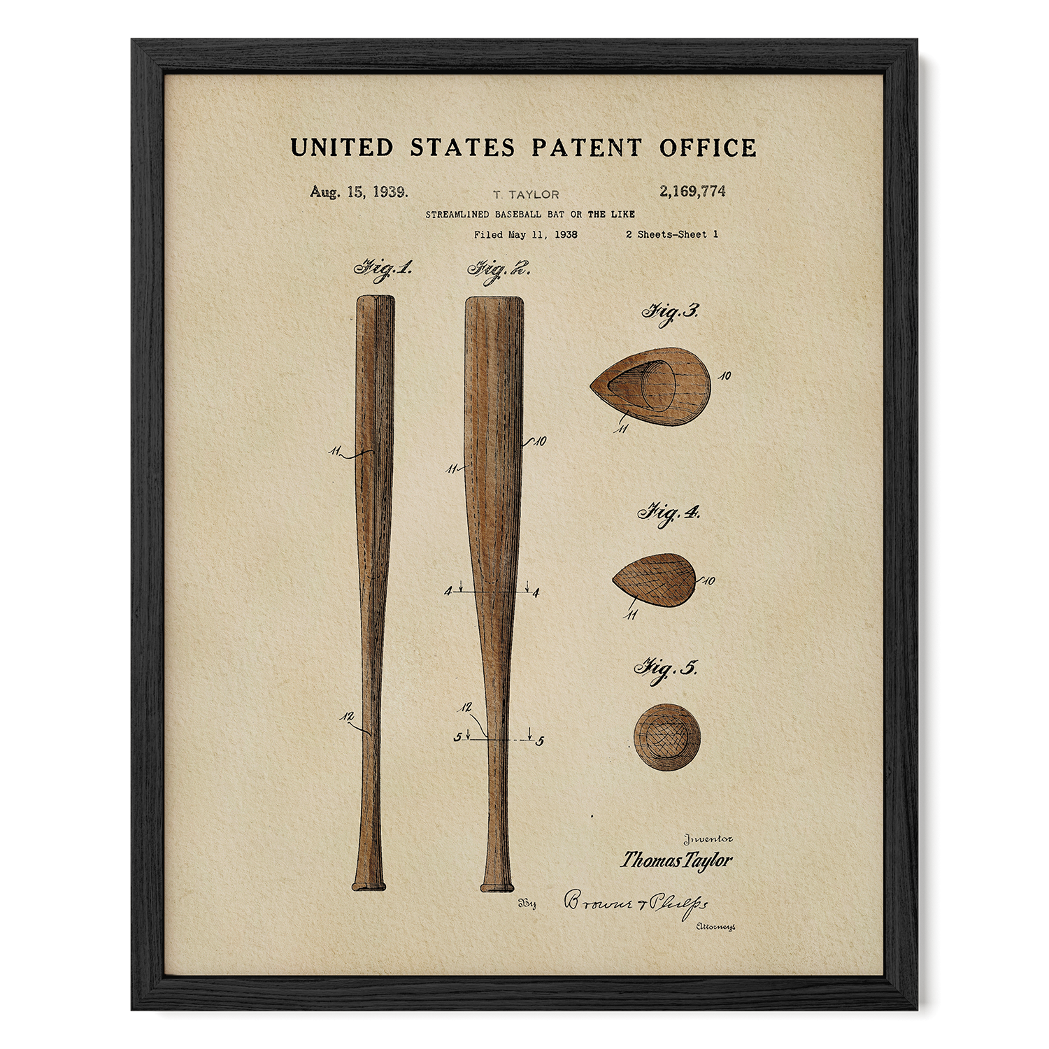 The image is a framed patent drawing from the United States Patent Office, depicting a baseball bat from August 15, 1935.