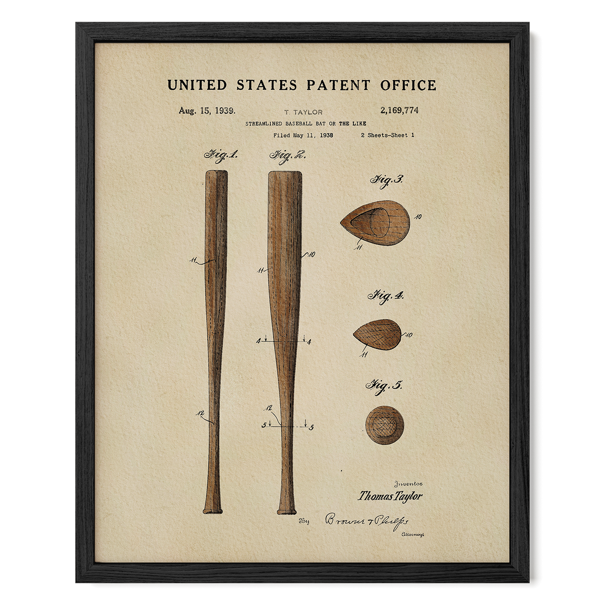 The image is a framed patent drawing from the United States Patent Office, depicting a baseball bat from August 15, 1935.