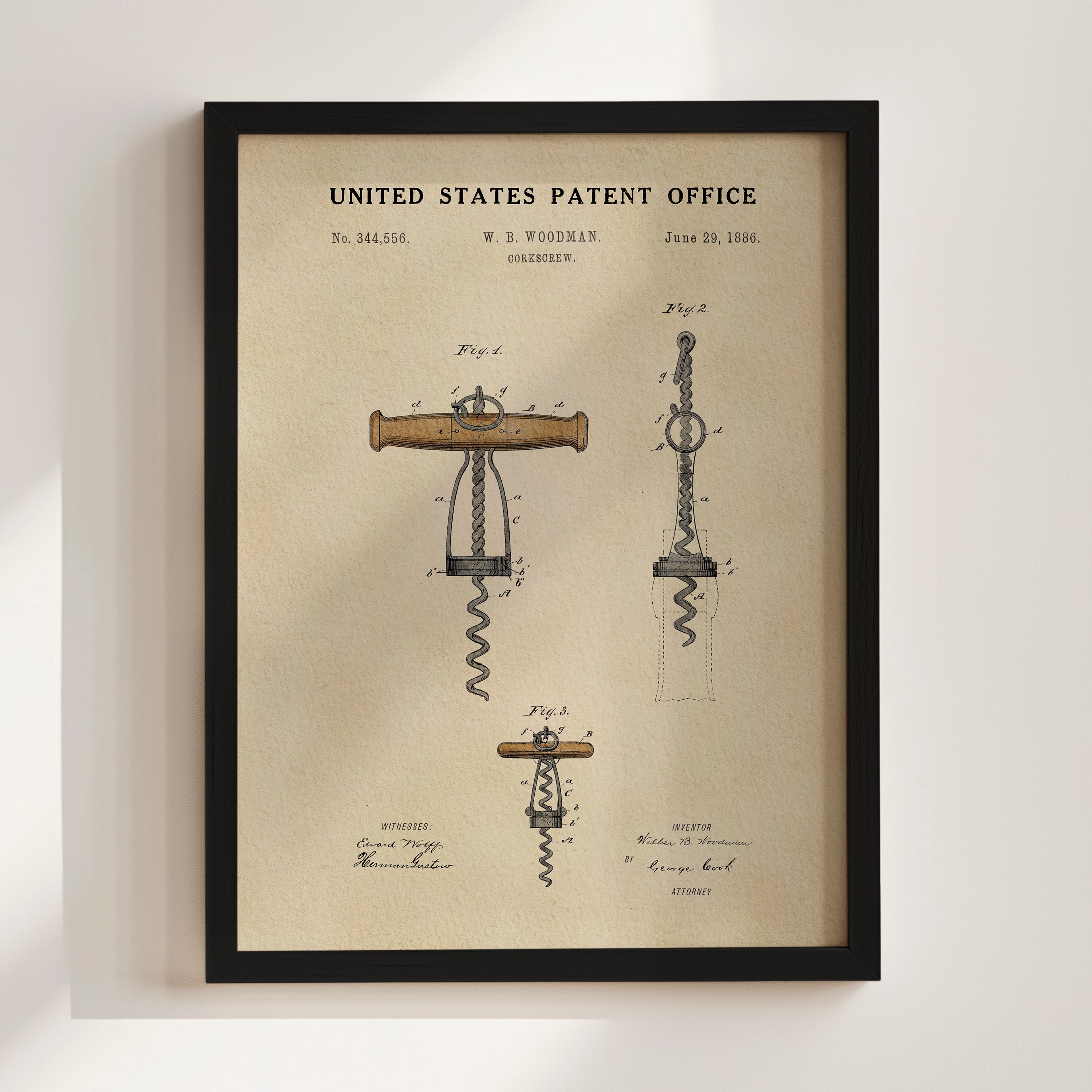 The image is a framed patent drawing depicting a corkscrew, which is a tool used to remove corks from wine bottles.