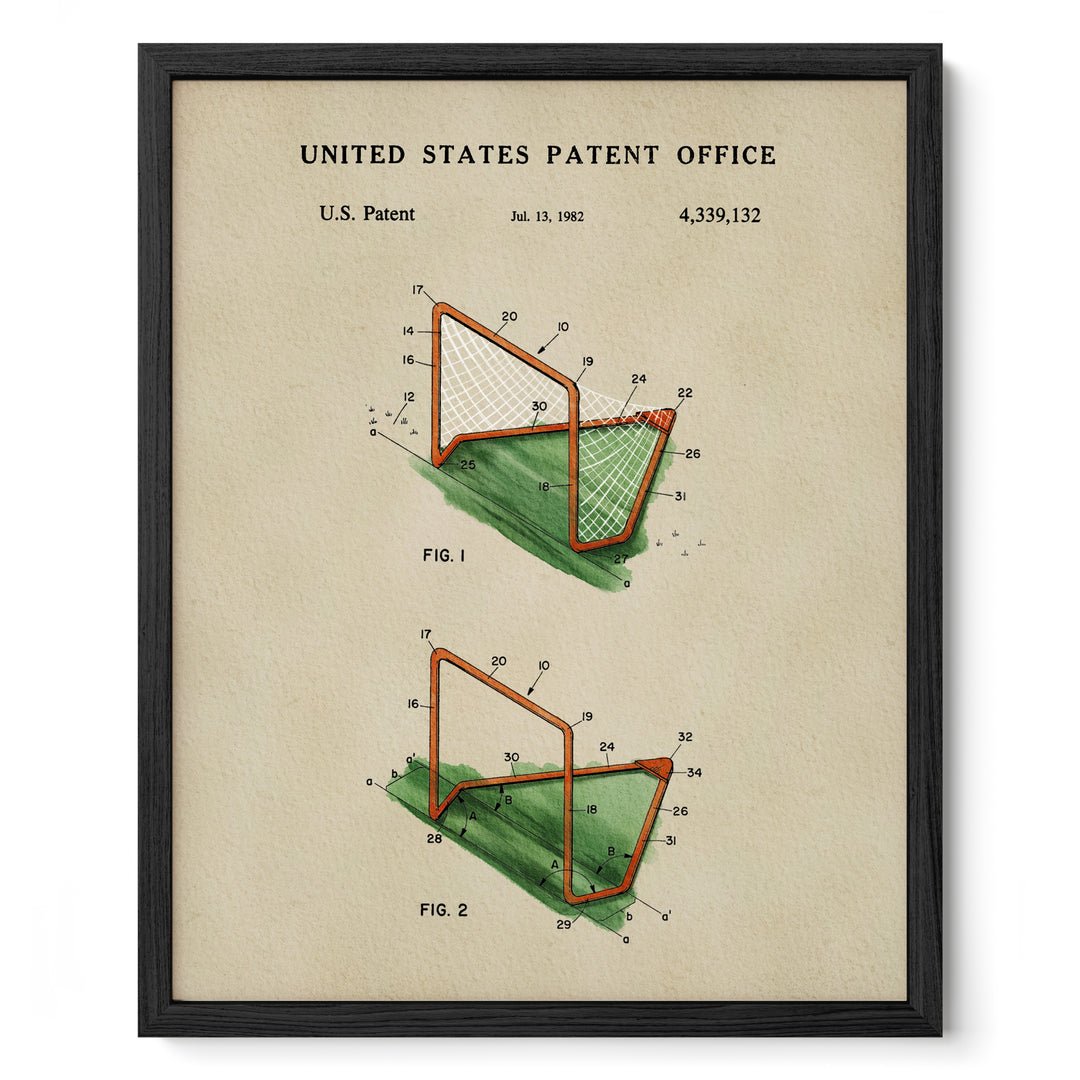 The image is a framed print of a United States patent office patent from 1982, featuring two technical drawings of a structure with various components and measurements.