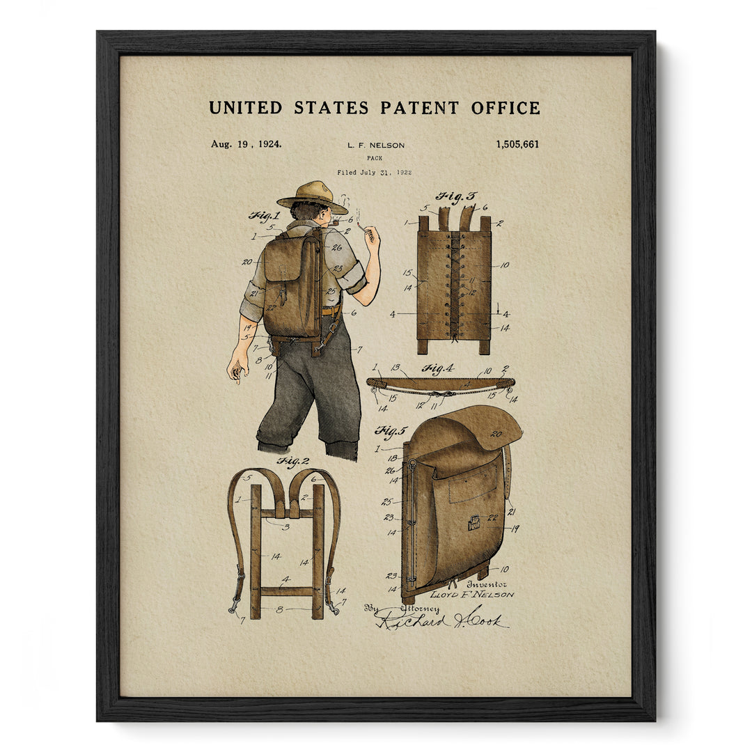 The image is a framed patent drawing depicting a man with a backpack, showing the design and features of the backpack.