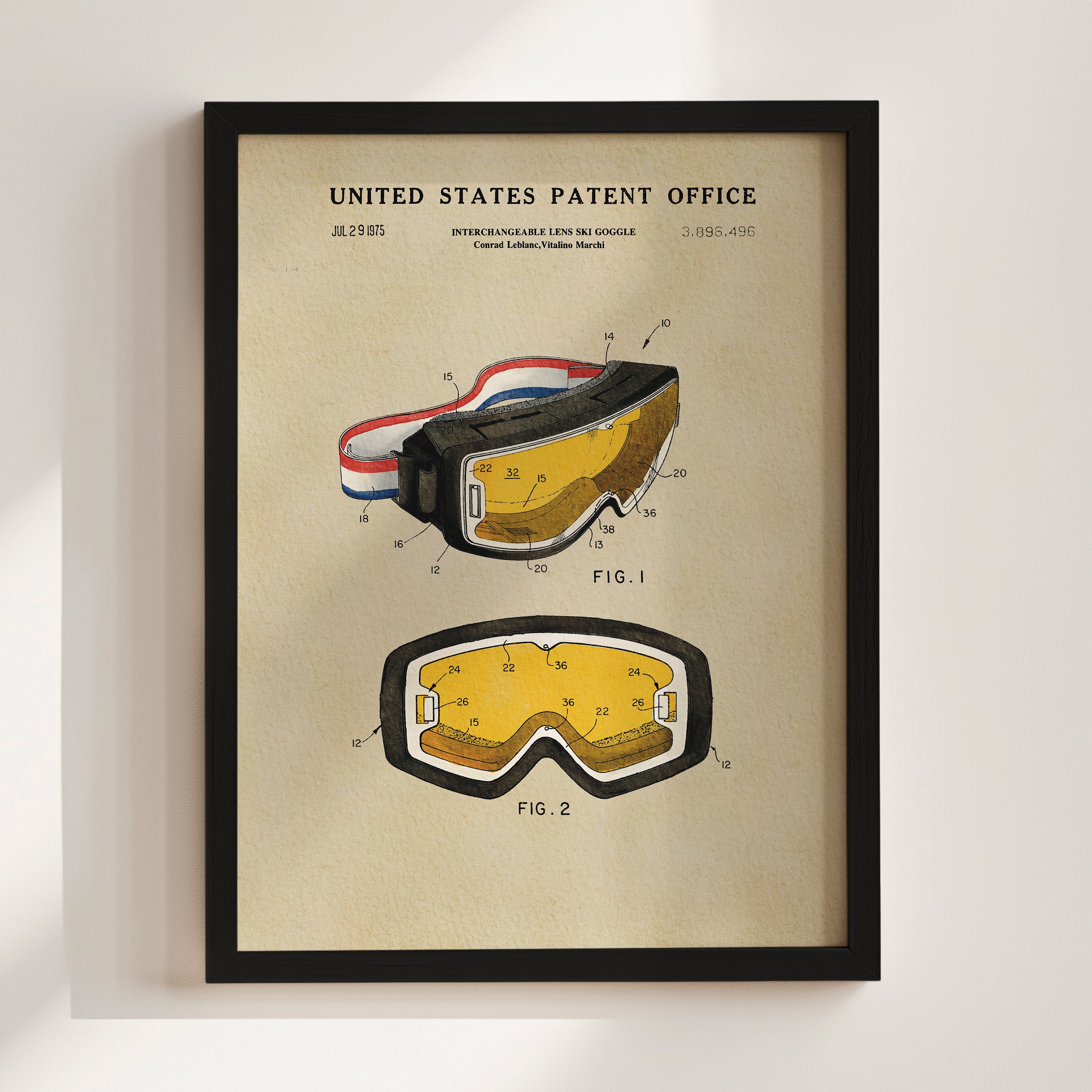 The image is a framed patent drawing of a pair of goggles, depicting the design and features of the goggles.
