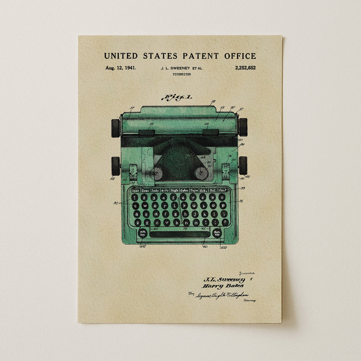 The image is a vintage United States patent office patent drawing of a typewriter, dated August 12, 1941.