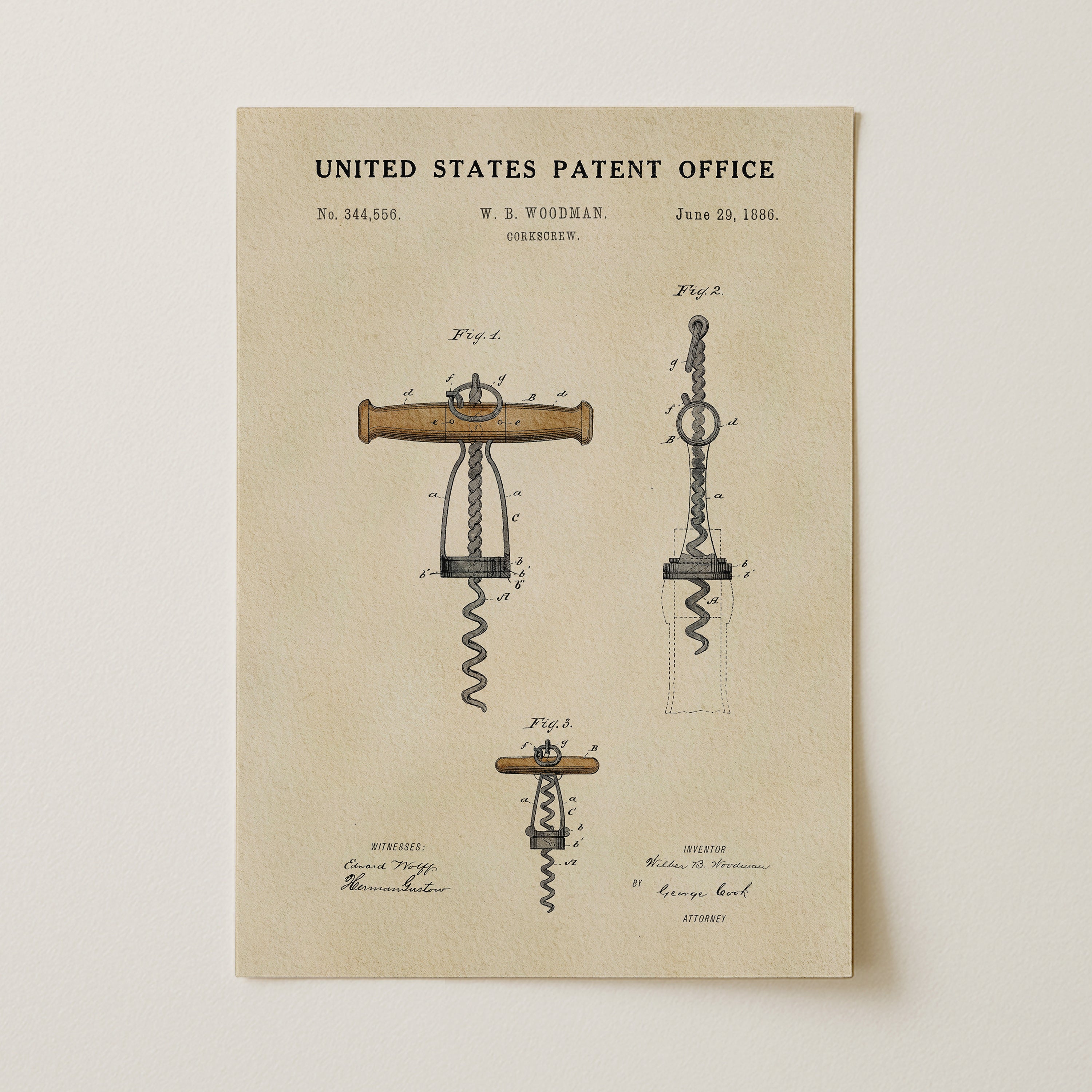 The image is a patent drawing from the United States Patent Office, depicting a corkscrew with detailed technical drawings and annotations.