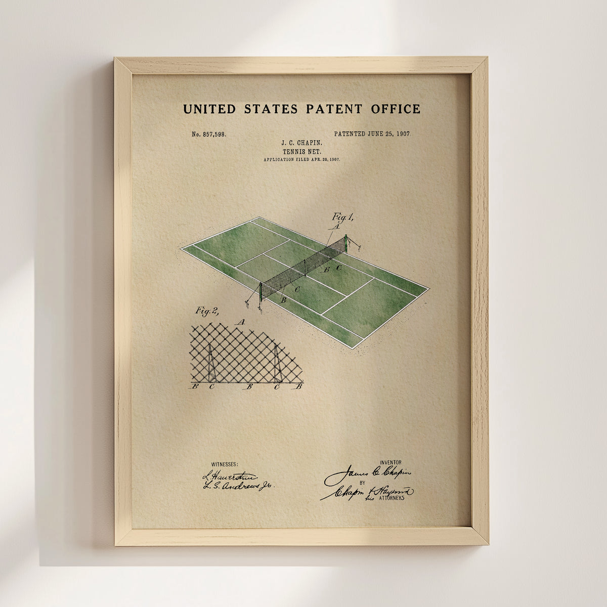 The image is a framed print depicting a tennis court with a patent drawing and text.