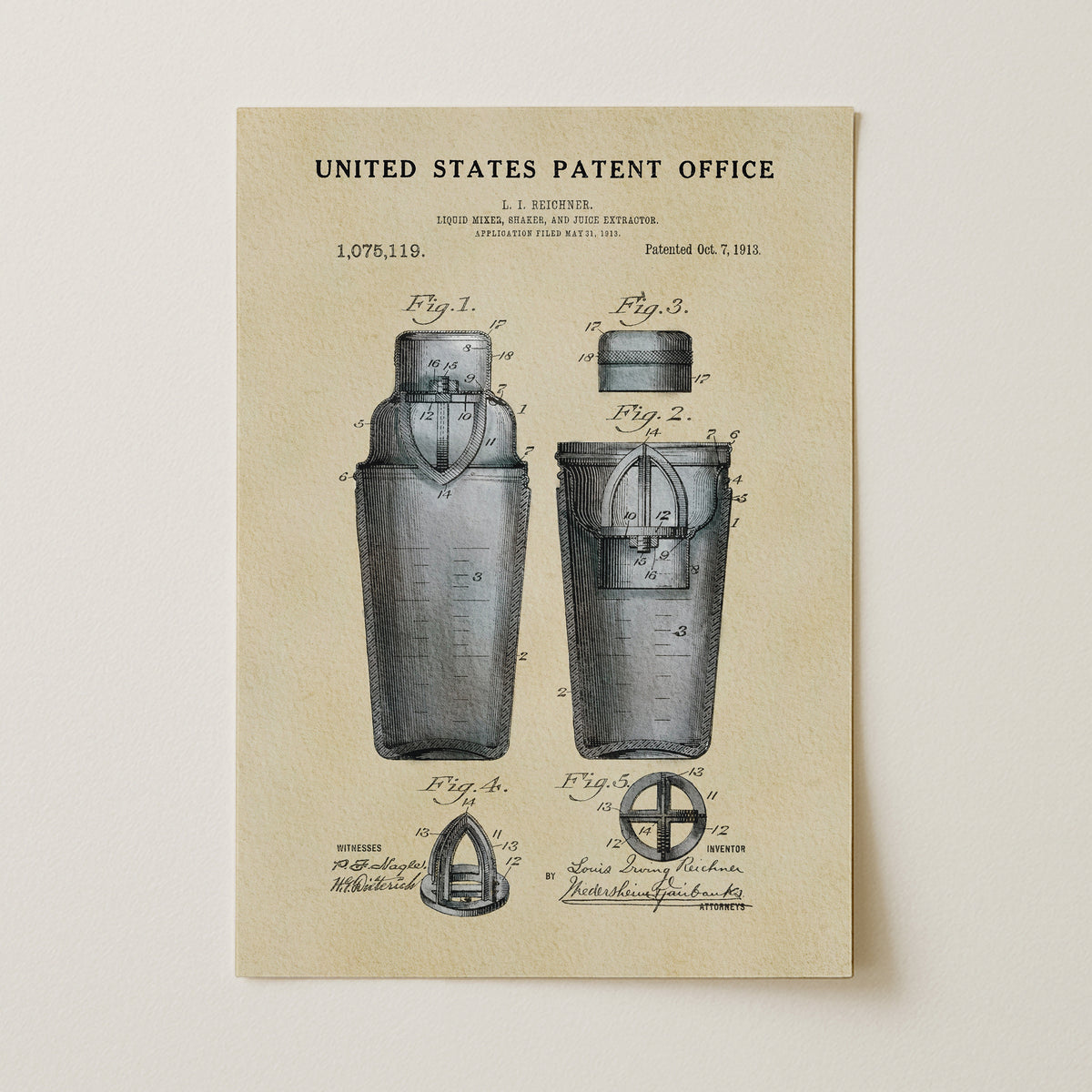 The image is a patent drawing from the United States Patent Office, depicting a silver-colored metal container with various technical drawings and annotations.