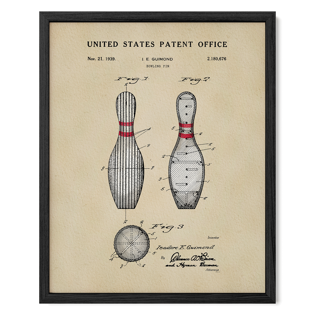 The image is a framed patent drawing of a bowling pin from the United States Patent Office, dated November 21, 1939.