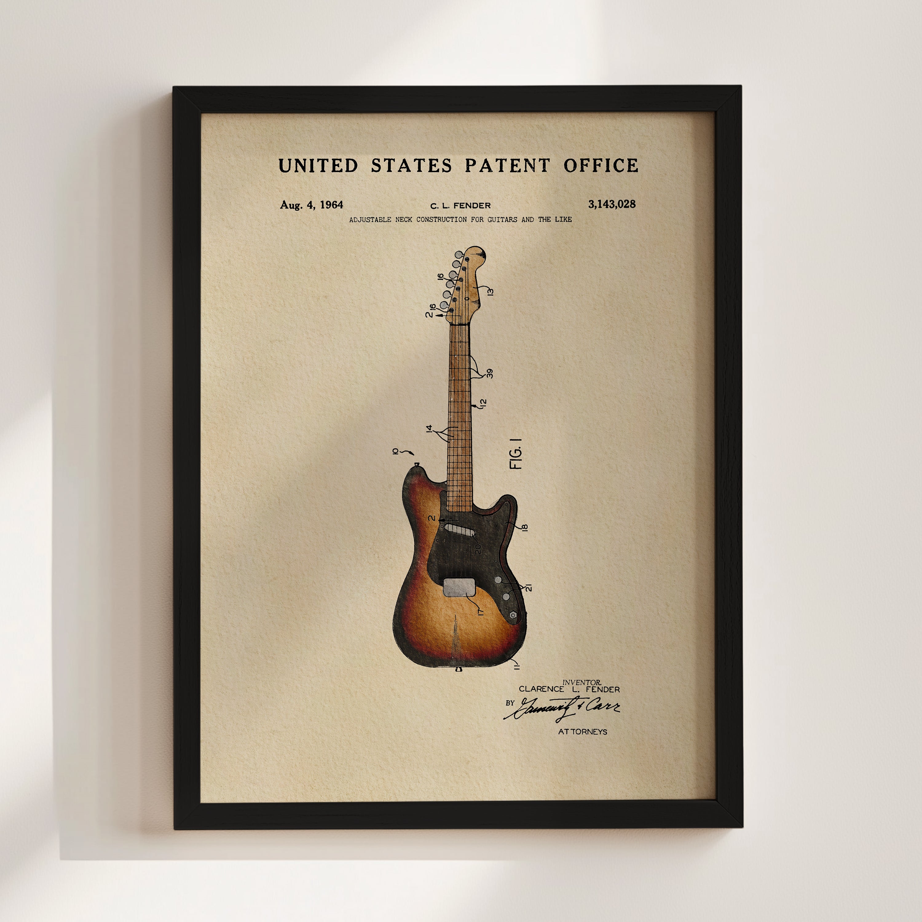 The image is a framed patent drawing of a guitar, depicting the design and construction of the guitar.